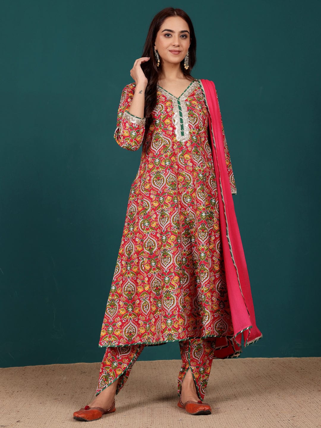 zeyvelle Women Ethnic Floral Printed Zari & Sequin Lace Anarkali Kurta With Dhoti Trouser & Dupatta