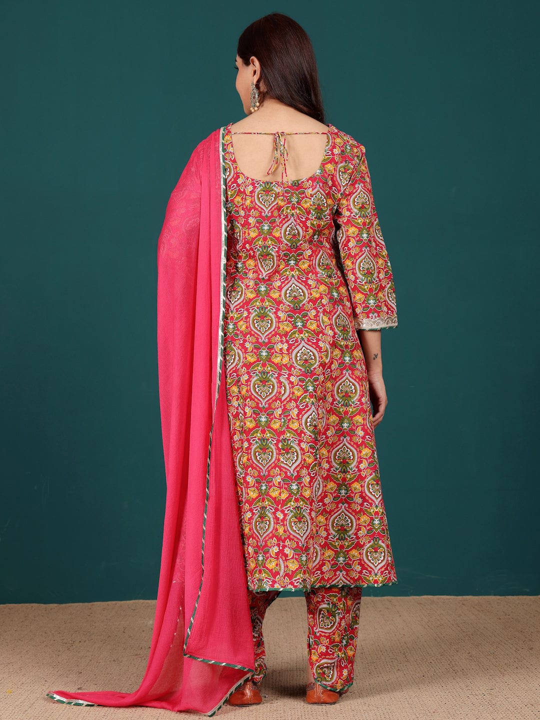 zeyvelle Women Ethnic Floral Printed Zari & Sequin Lace Anarkali Kurta With Dhoti Trouser & Dupatta