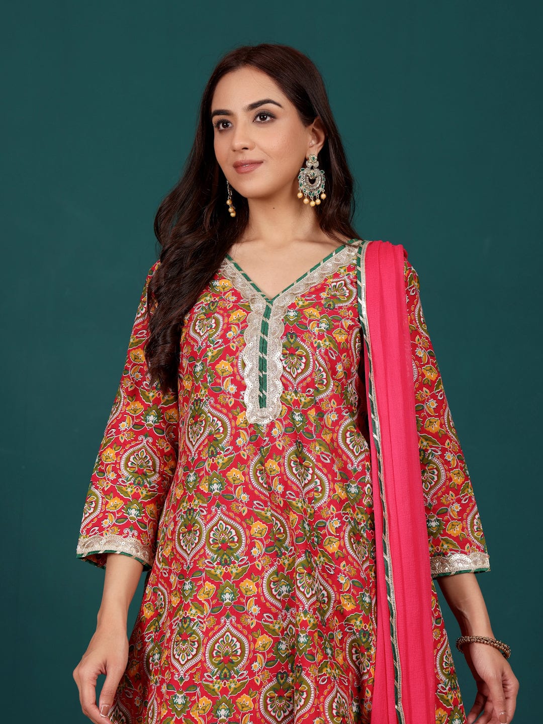 zeyvelle Women Ethnic Floral Printed Zari & Sequin Lace Anarkali Kurta With Dhoti Trouser & Dupatta