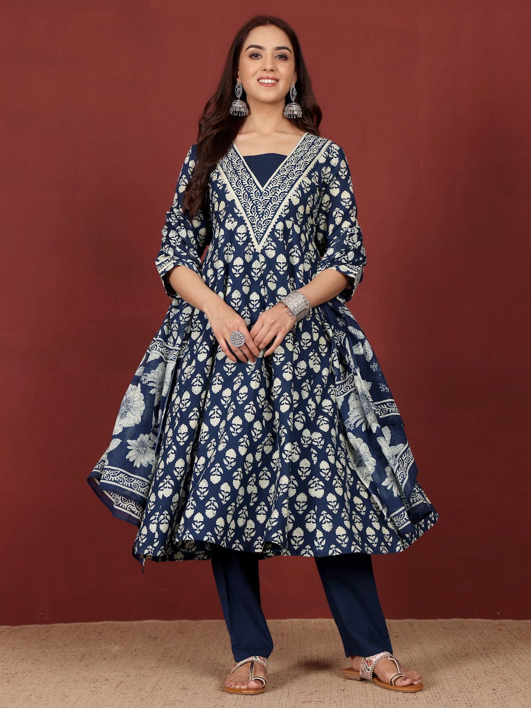 zeyvelle Women Ethnic Floral Printed Extedended V Neck Anarkali Kurta With Trouser & Dupatta