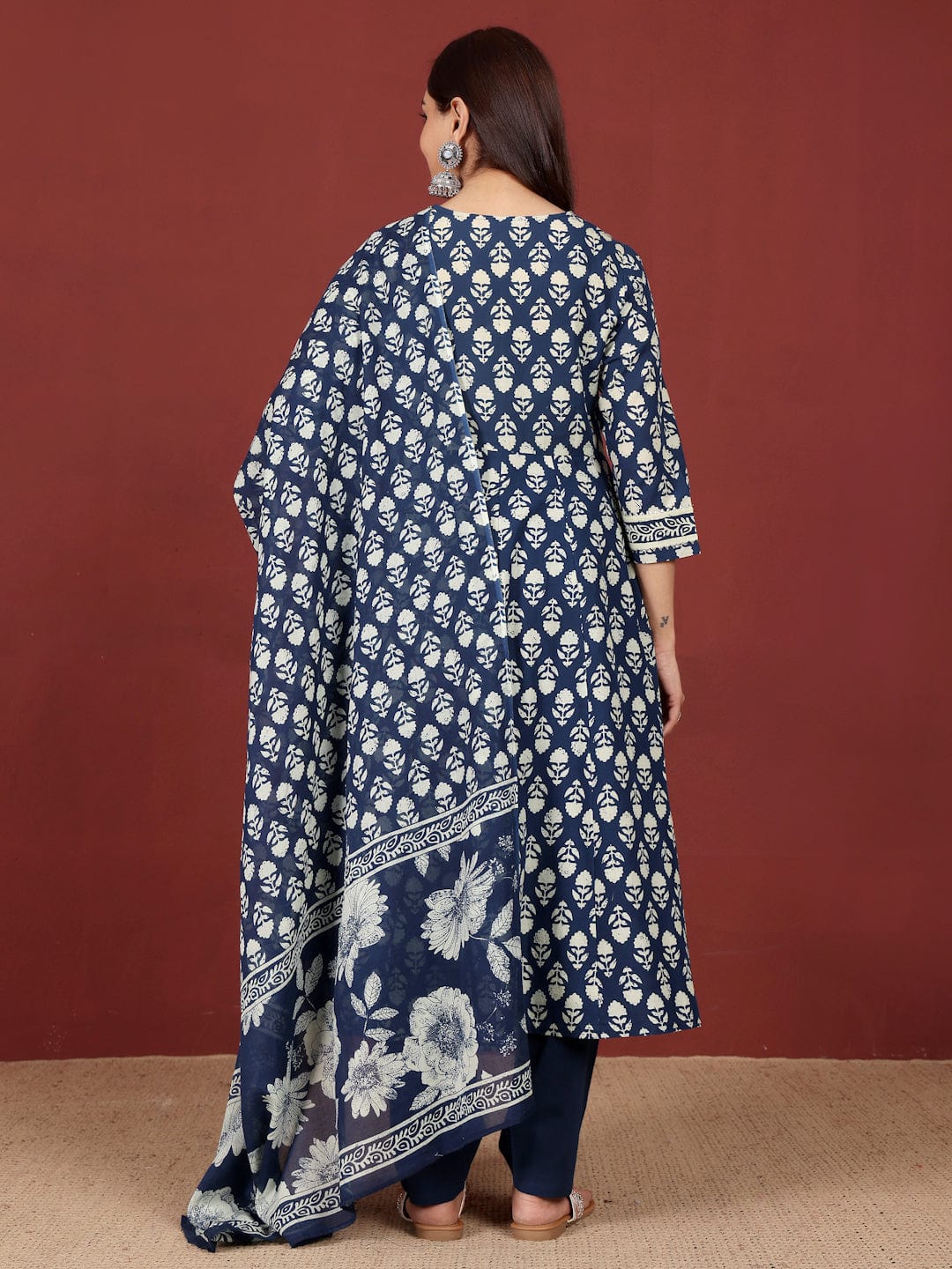 zeyvelle Women Ethnic Floral Printed Extedended V Neck Anarkali Kurta With Trouser & Dupatta