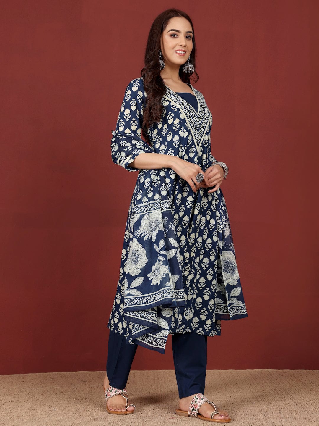zeyvelle Women Ethnic Floral Printed Extedended V Neck Anarkali Kurta With Trouser & Dupatta