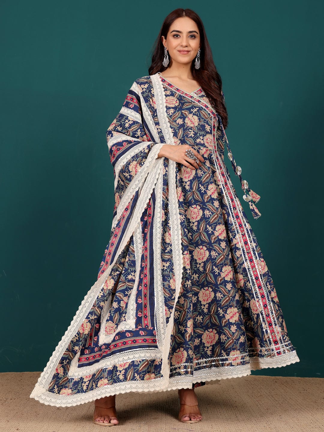 zeyvelle Women Floral Printed Angrakha Anarkali Kurta With Trouser & Dupatta