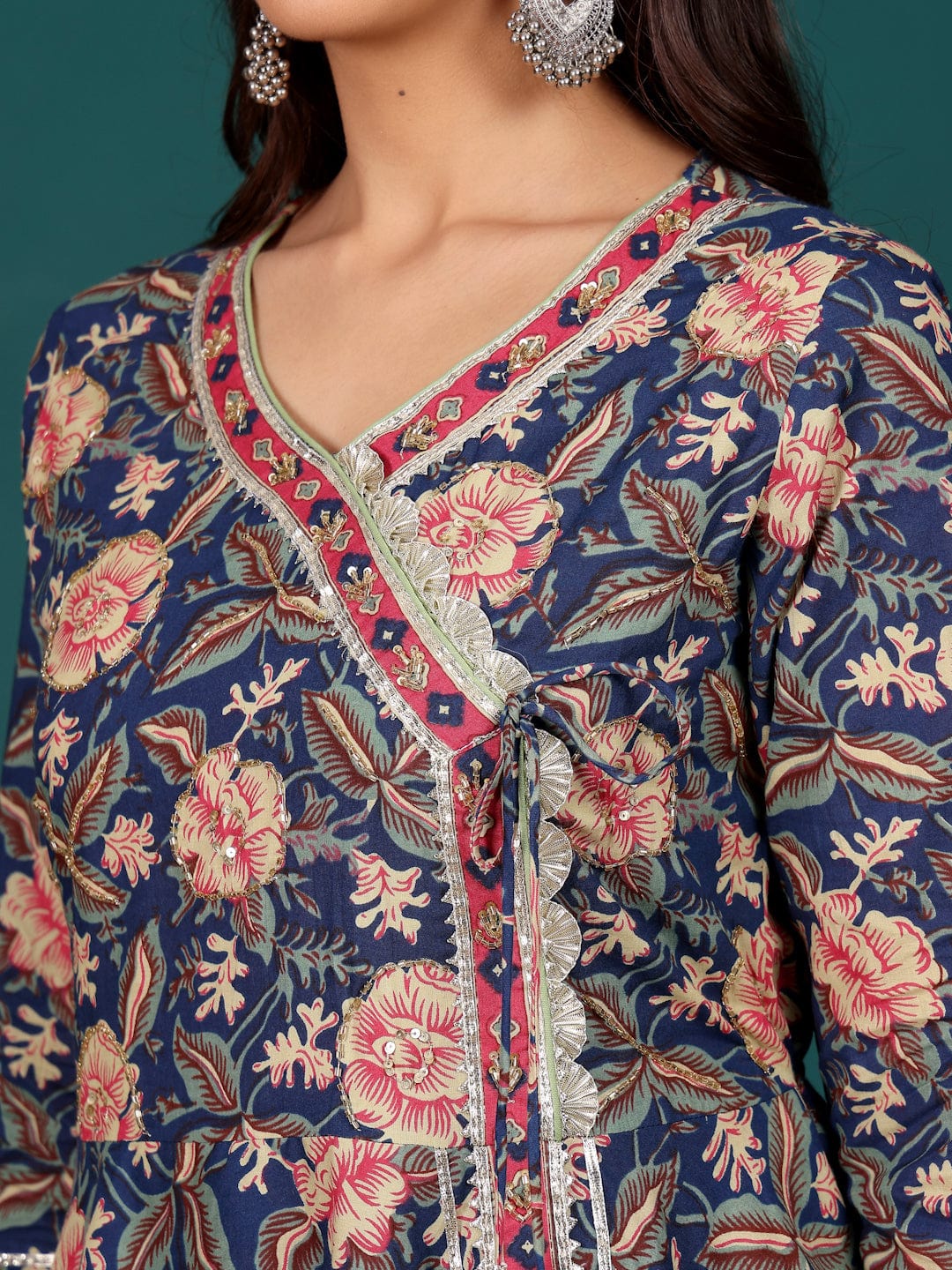 zeyvelle Women Floral Printed Angrakha Anarkali Kurta With Trouser & Dupatta