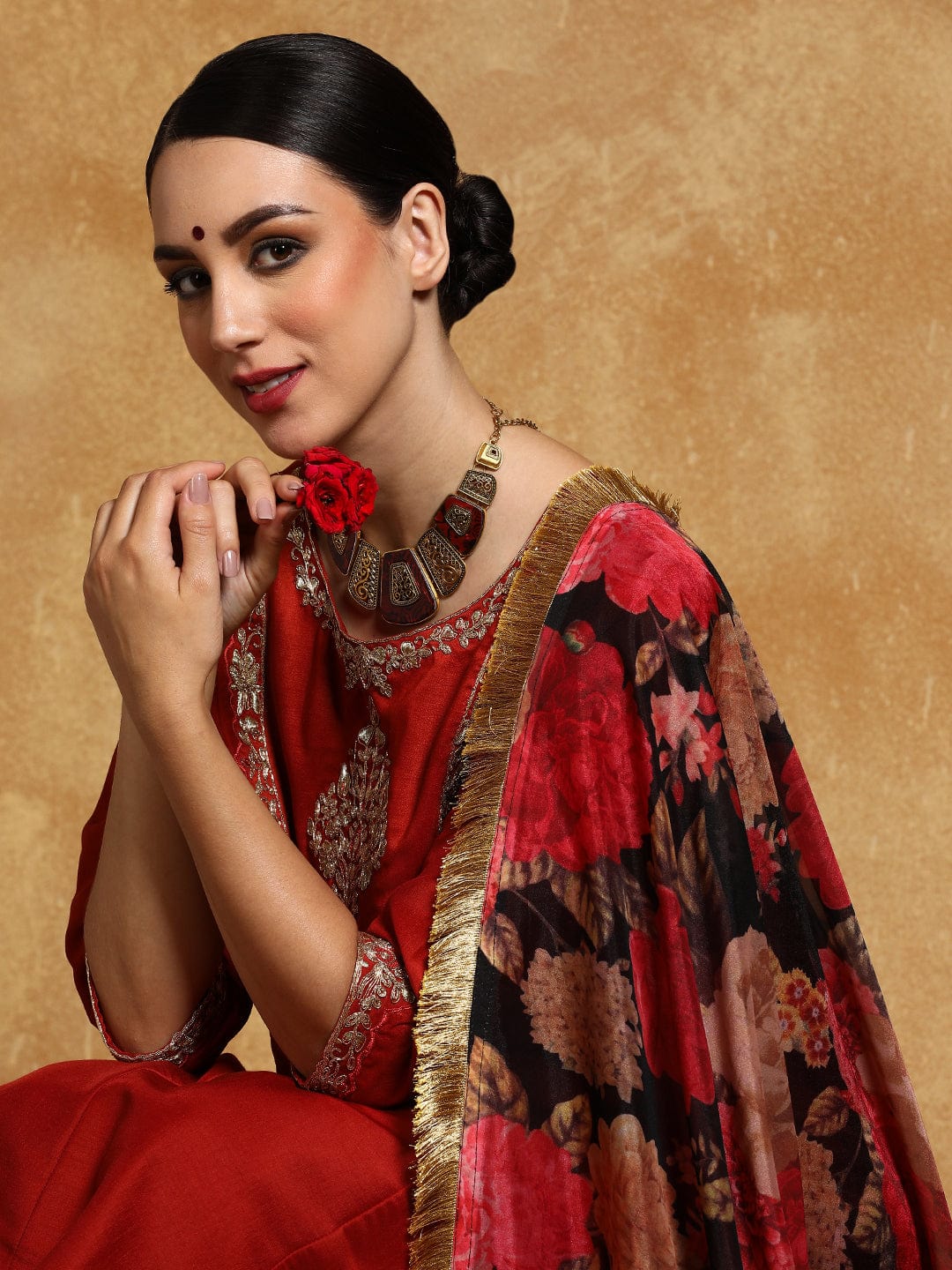 zeyvelle Women-Zari Embroidered Yoke Anarkali Kurta With Trouser & Dupatta