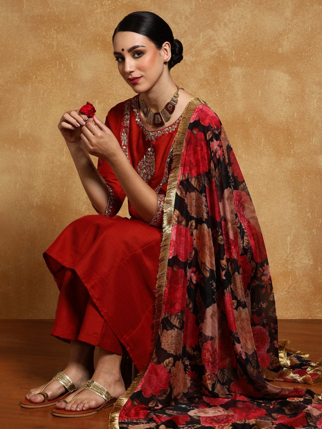 zeyvelle Women-Zari Embroidered Yoke Anarkali Kurta With Trouser & Dupatta