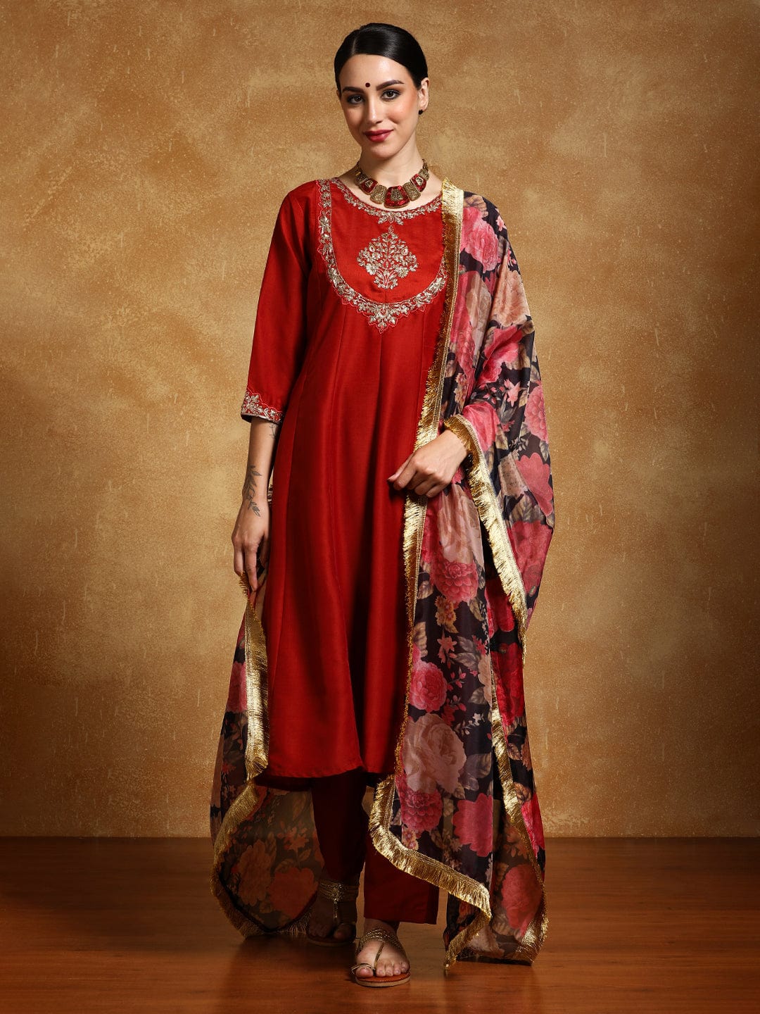 zeyvelle Women-Zari Embroidered Yoke Anarkali Kurta With Trouser & Dupatta