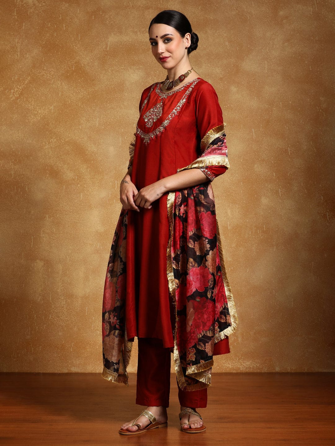 zeyvelle Women-Zari Embroidered Yoke Anarkali Kurta With Trouser & Dupatta