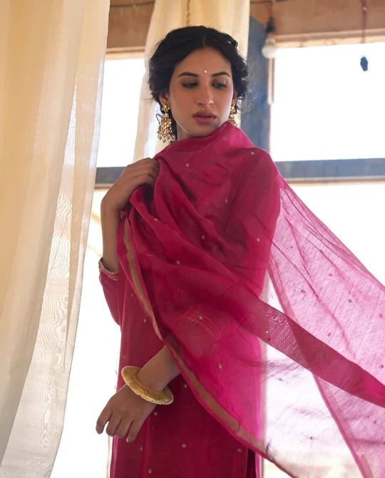 MAGENTA PINK MUL CHANDERI KURTA SET
