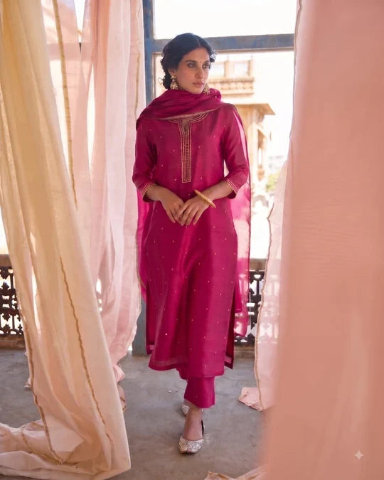 MAGENTA PINK MUL CHANDERI KURTA SET