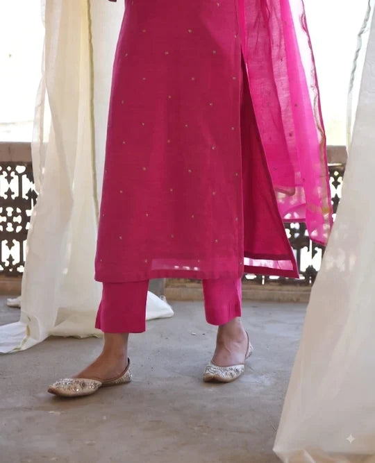 MAGENTA PINK MUL CHANDERI KURTA SET