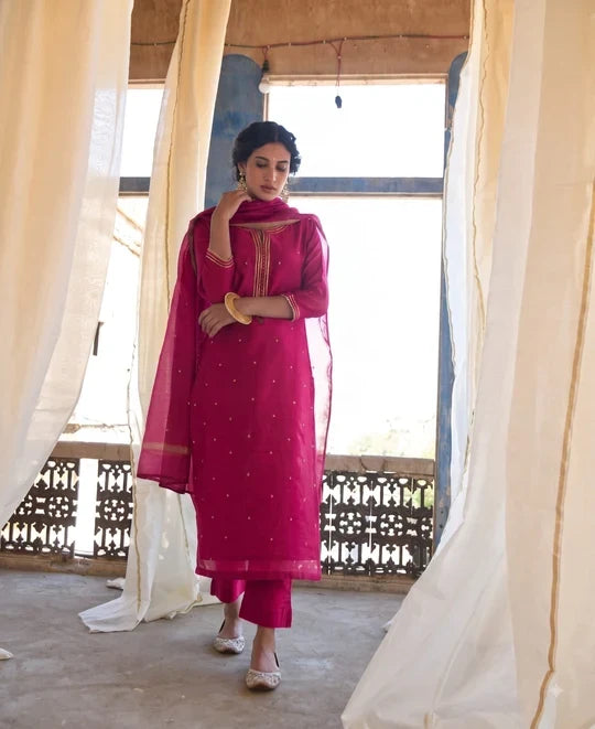 MAGENTA PINK MUL CHANDERI KURTA SET