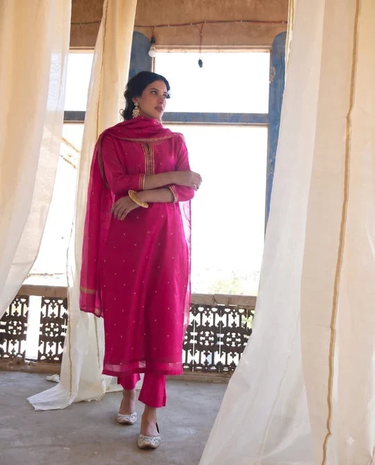 MAGENTA PINK MUL CHANDERI KURTA SET