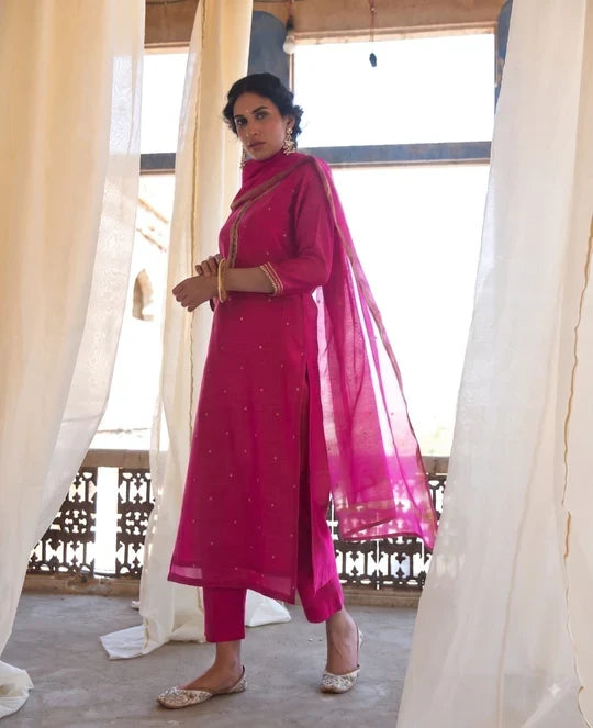 MAGENTA PINK MUL CHANDERI KURTA SET