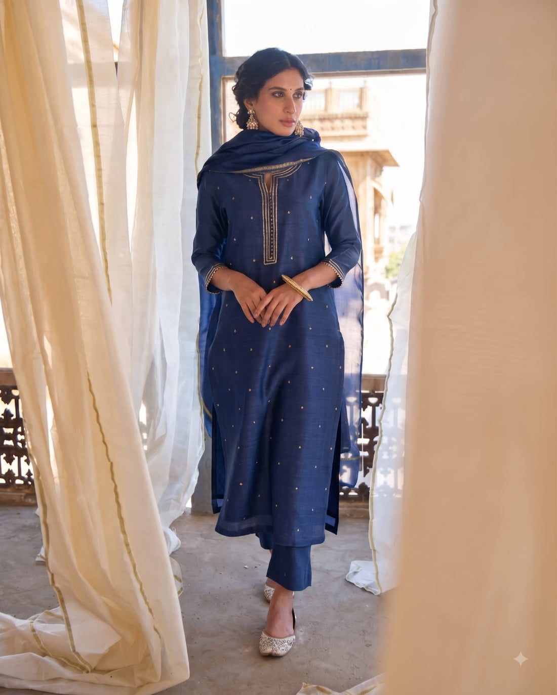 NAVY BLUE MAL CHANDERI KURTA SET