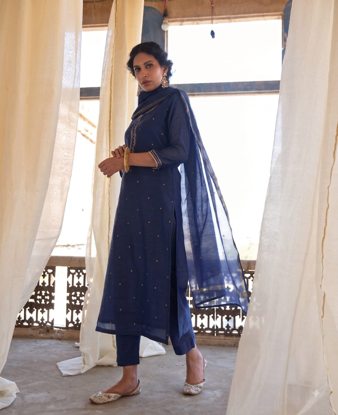 NAVY BLUE MAL CHANDERI KURTA SET
