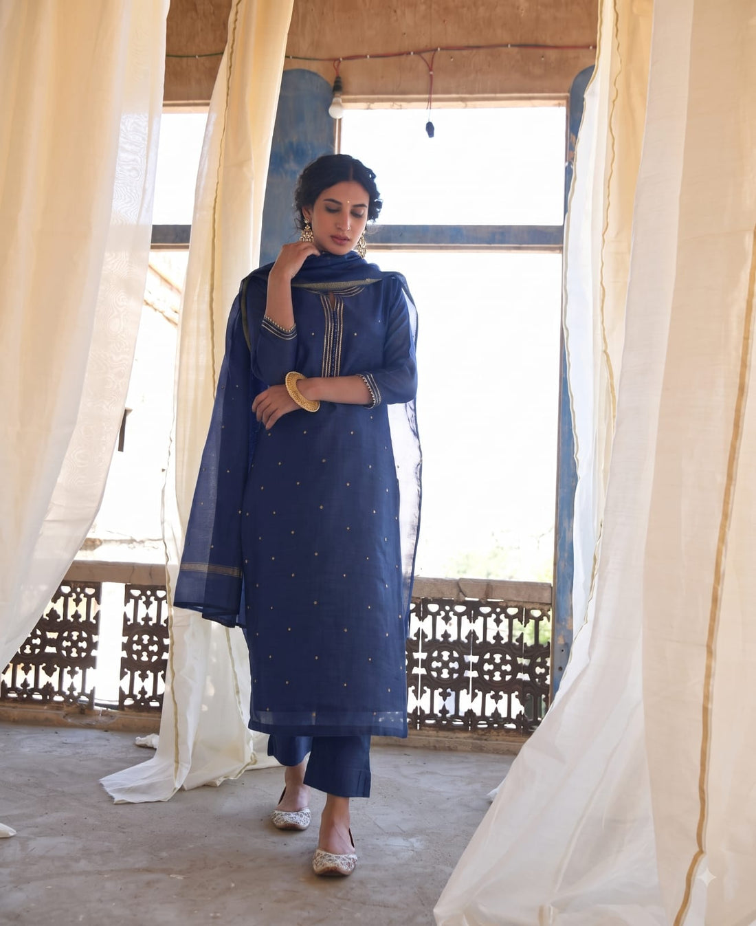 NAVY BLUE MAL CHANDERI KURTA SET