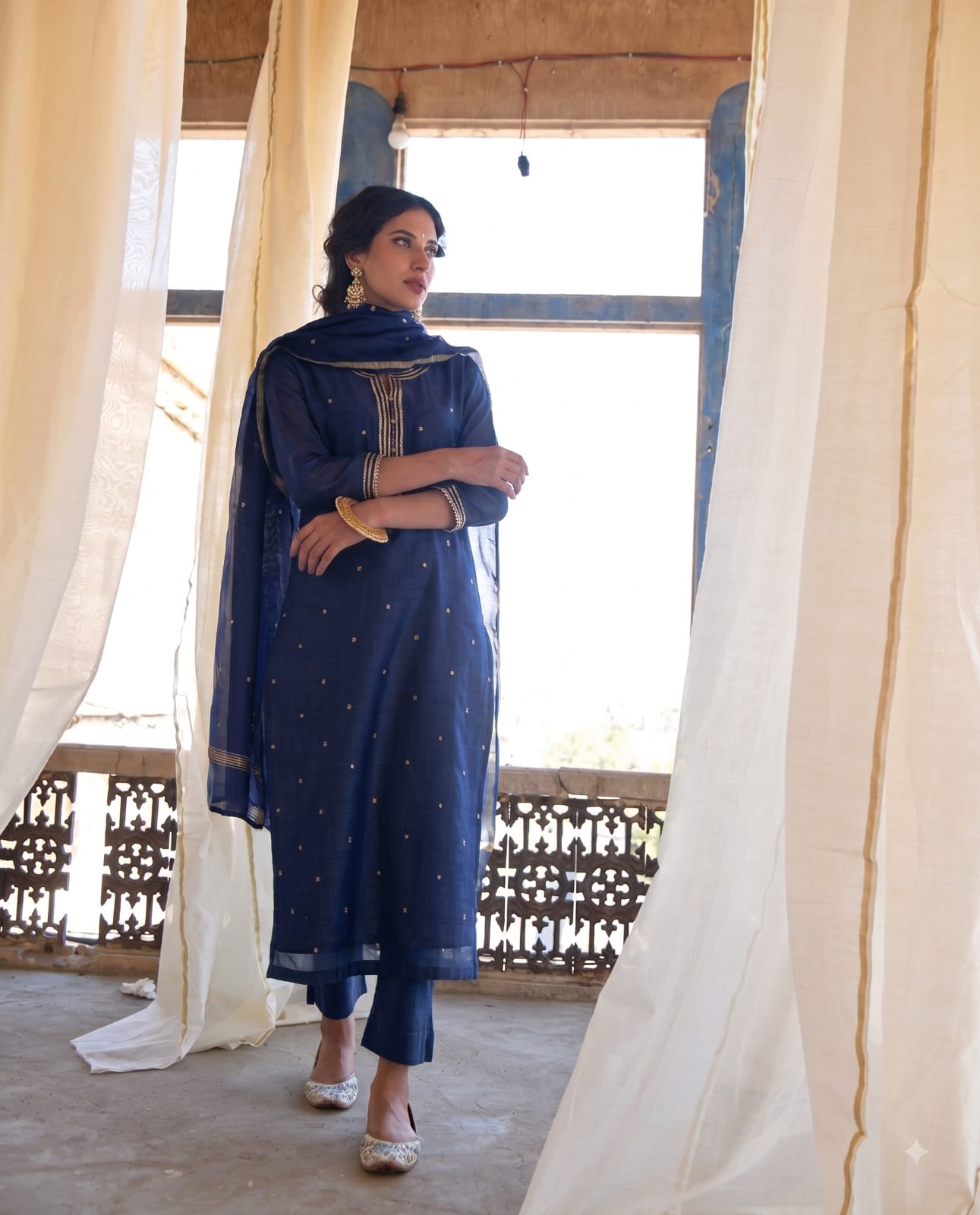 NAVY BLUE MAL CHANDERI KURTA SET