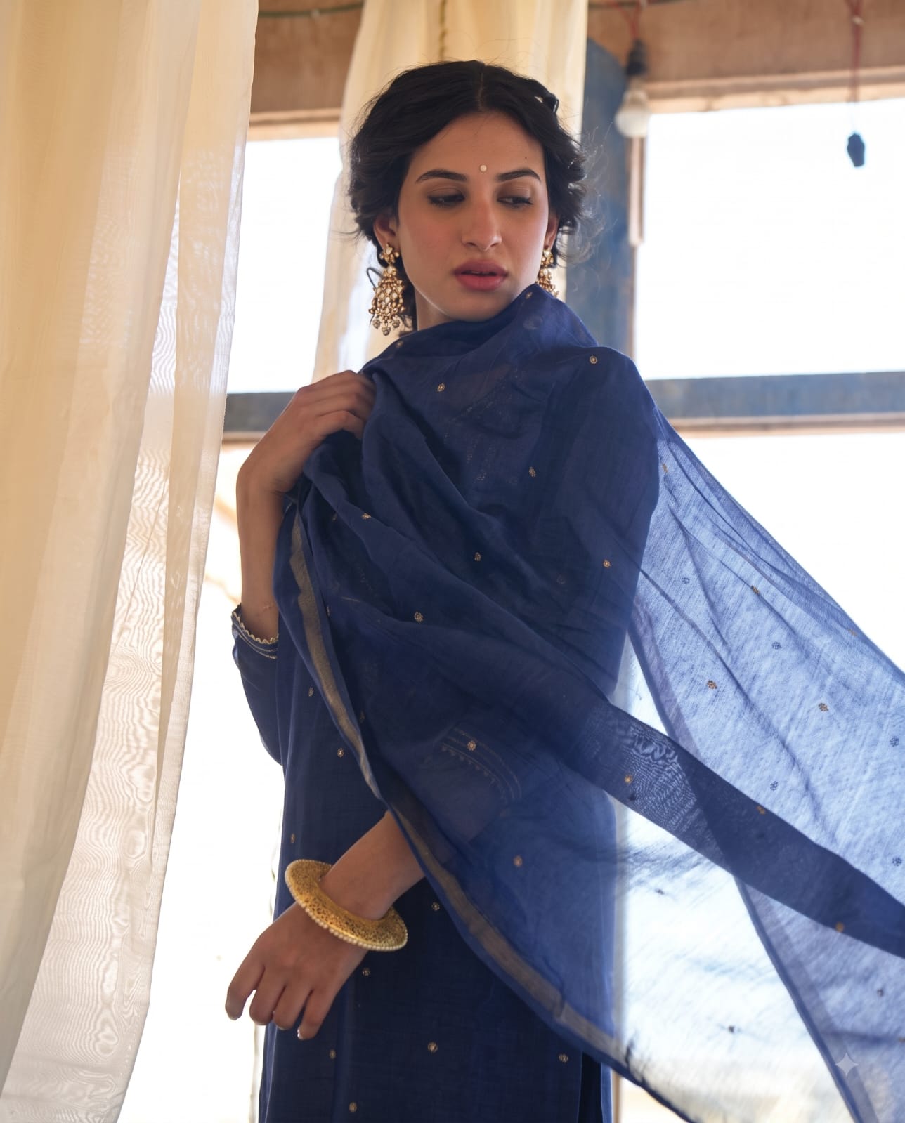 NAVY BLUE MAL CHANDERI KURTA SET