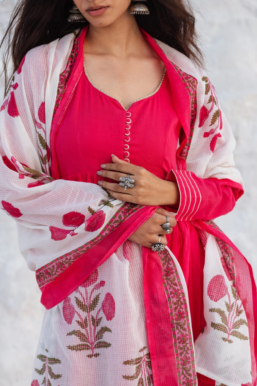 MUL COTTON MAGENTA PINK ANARKALI  SET