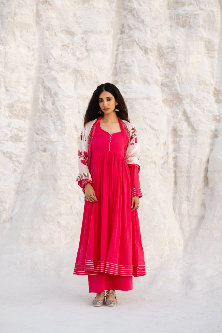 MUL COTTON MAGENTA PINK ANARKALI  SET