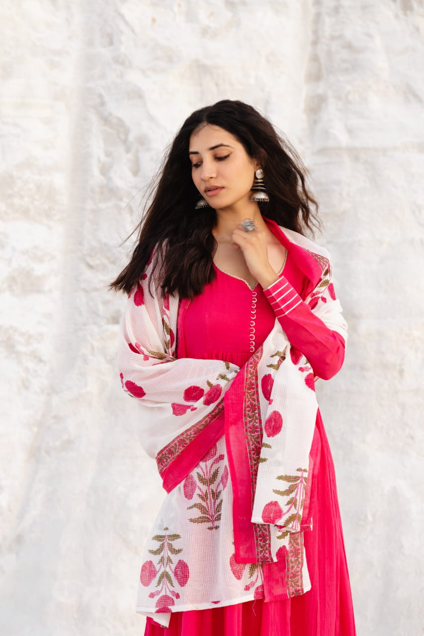 MUL COTTON MAGENTA PINK ANARKALI  SET