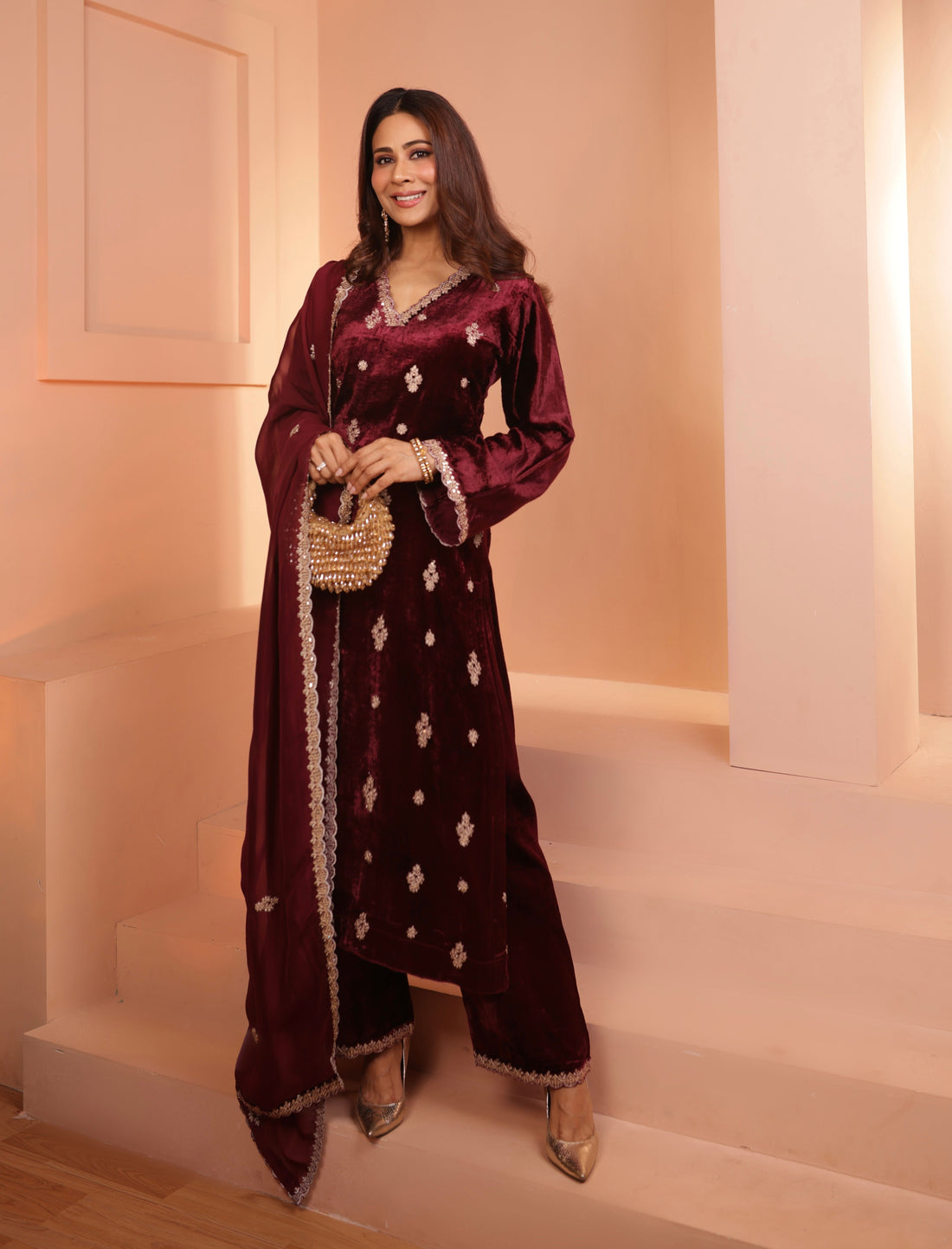 WINE VELVET KURTA SET