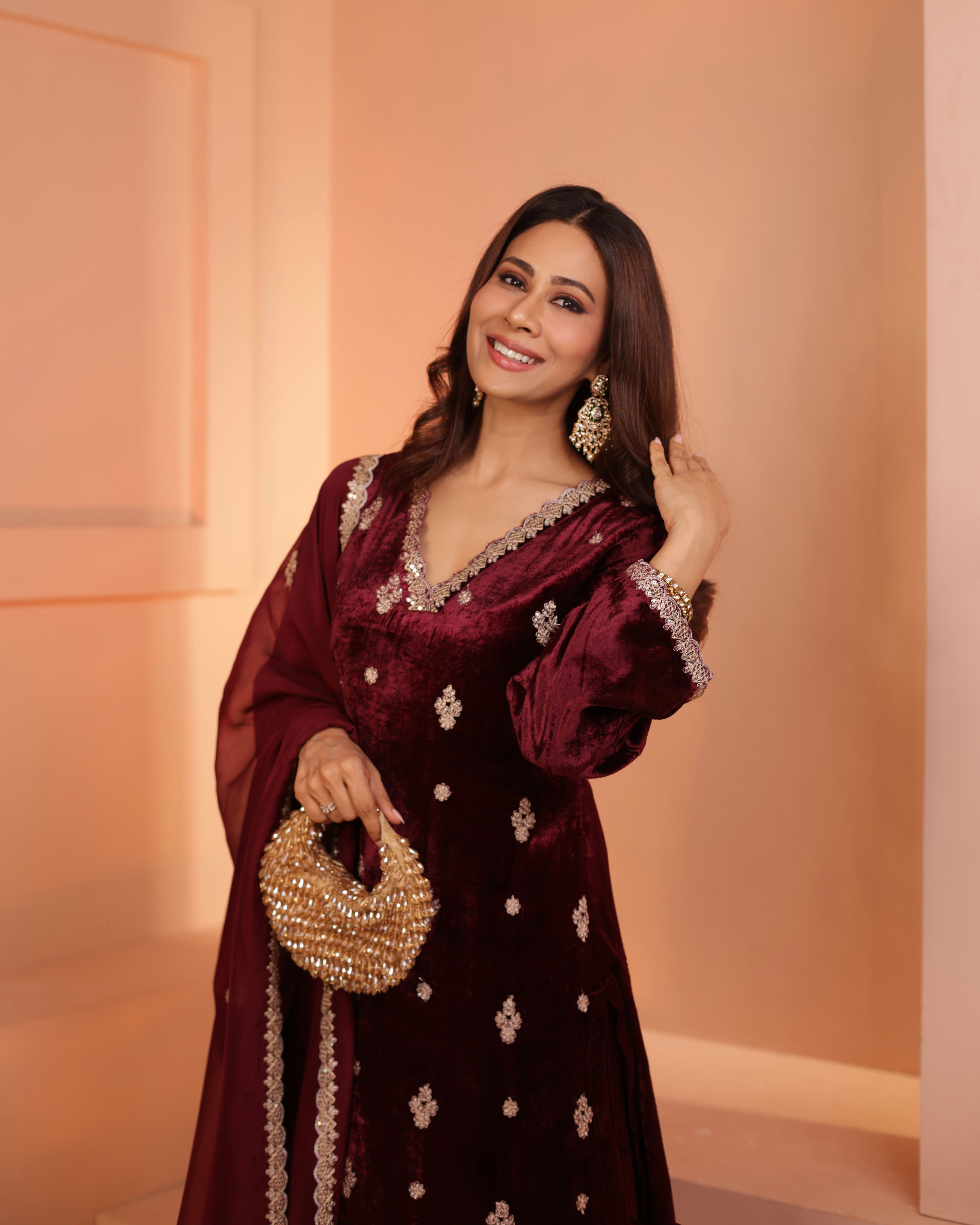 WINE VELVET KURTA SET