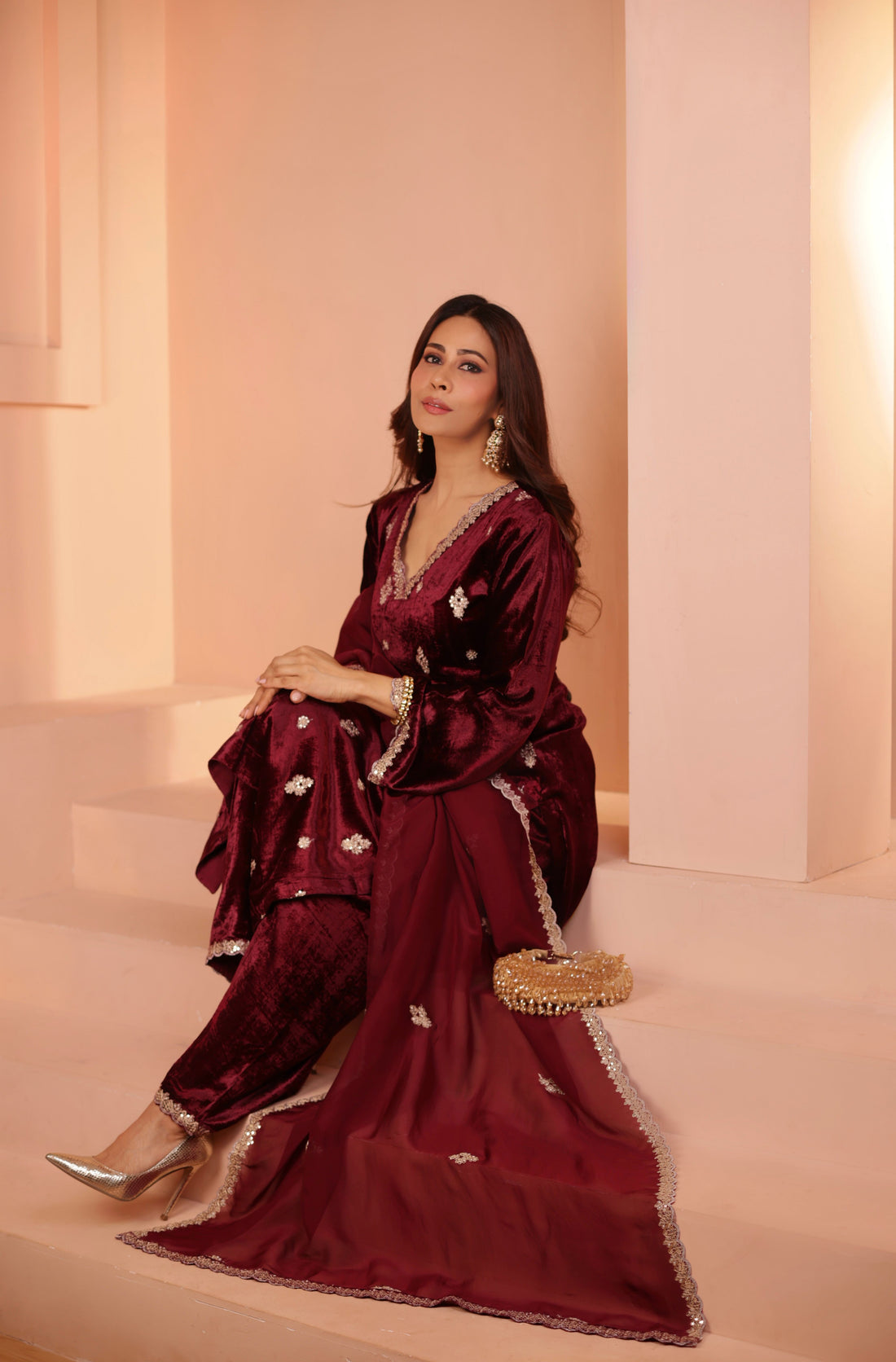 WINE VELVET KURTA SET