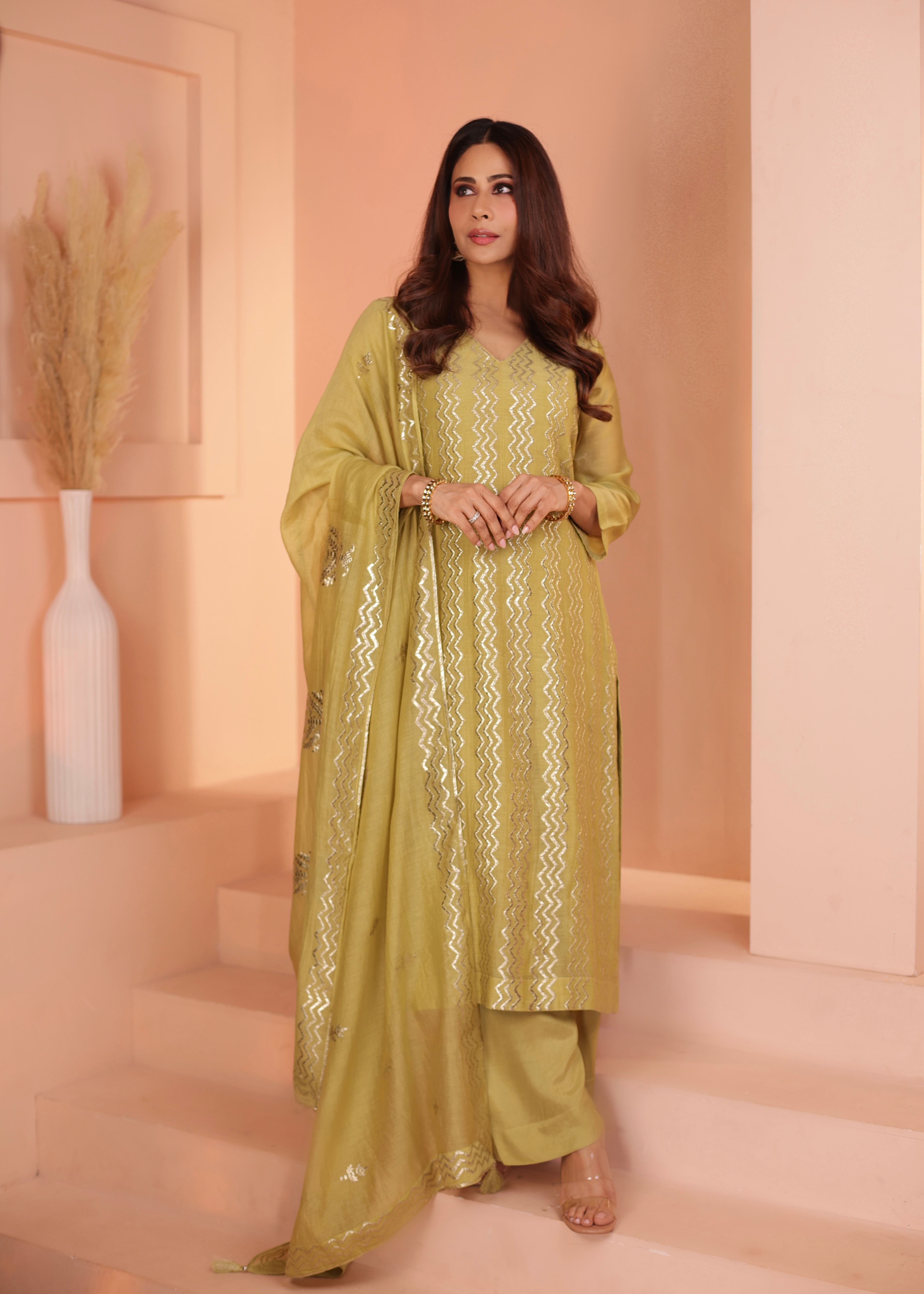 OLIVE GREEN PURE MUL CHANDERI KURTA SET