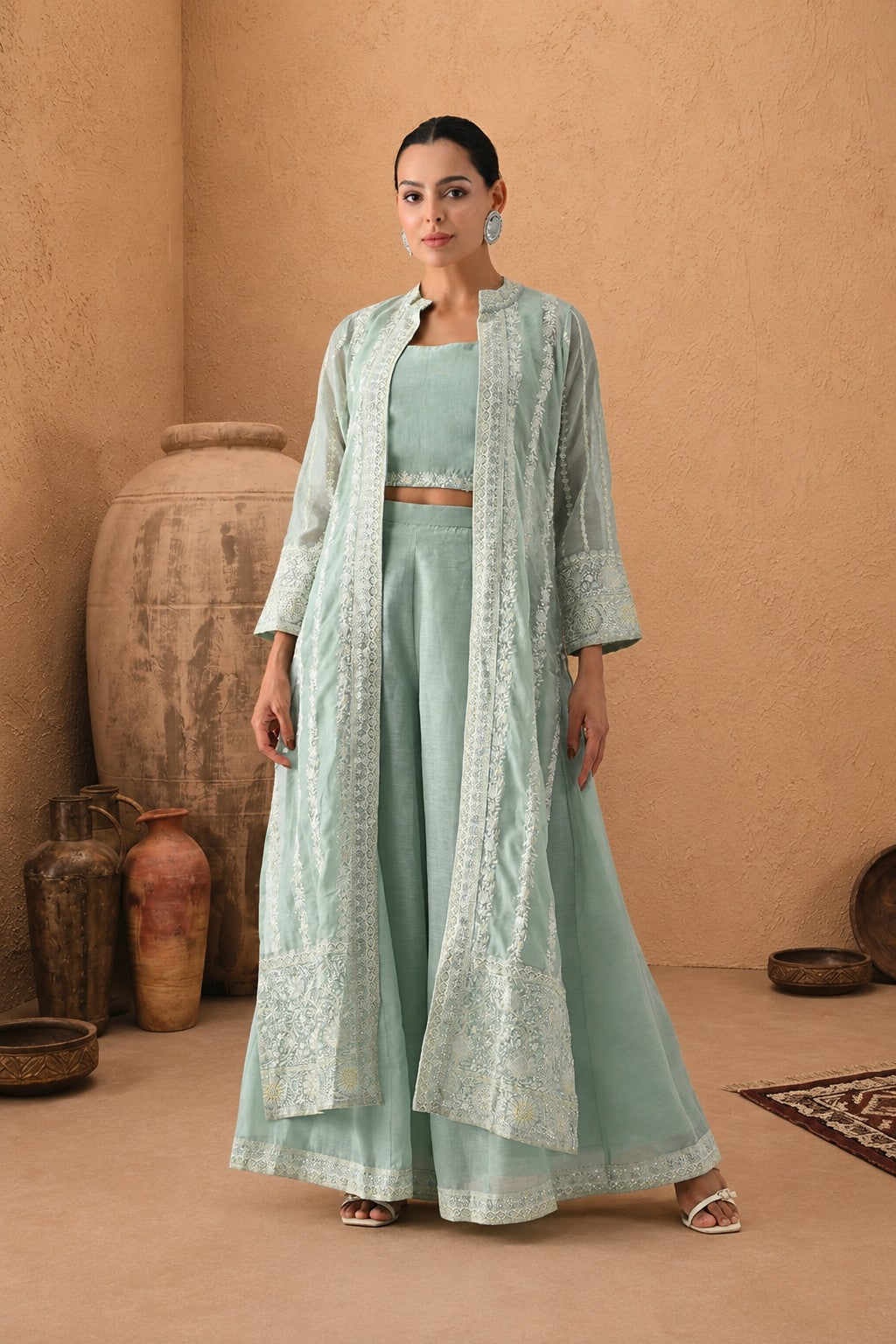 Green Embroidered Co-Ord 3 Pcs Set