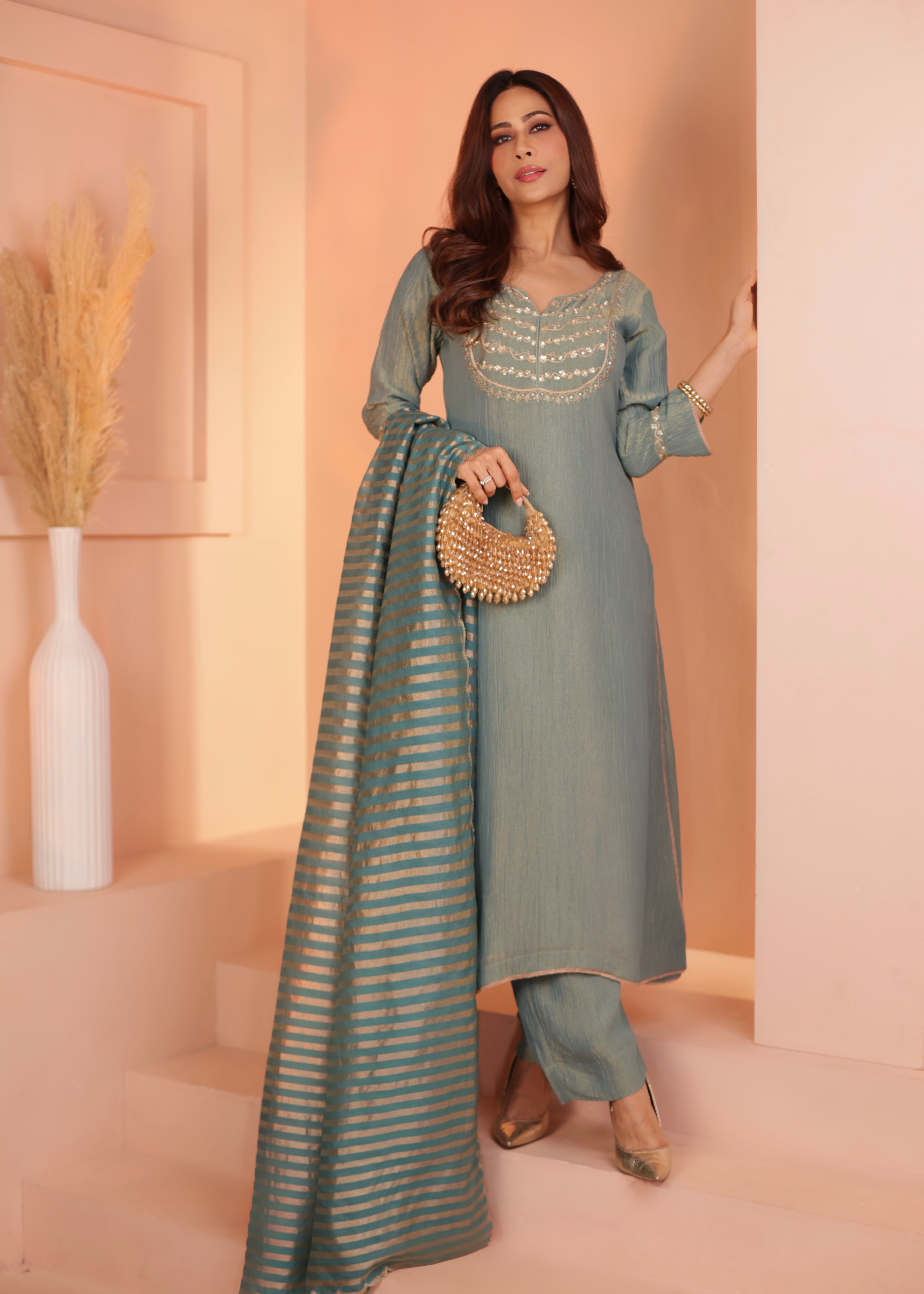 DUSTY TEAL  CRUSHED TISSUE KURTA SET