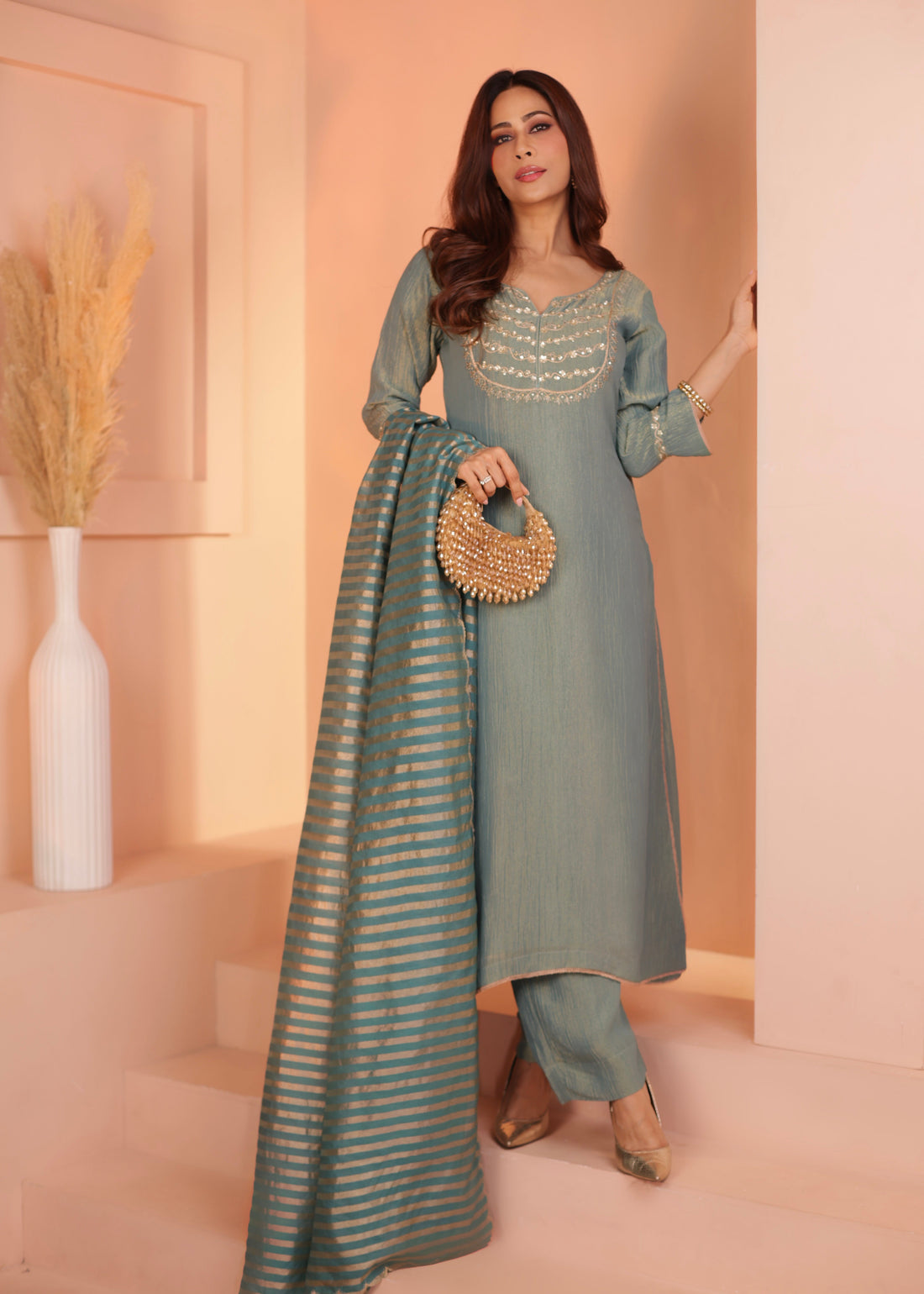 DUSTY TEAL  CRUSHED TISSUE KURTA SET