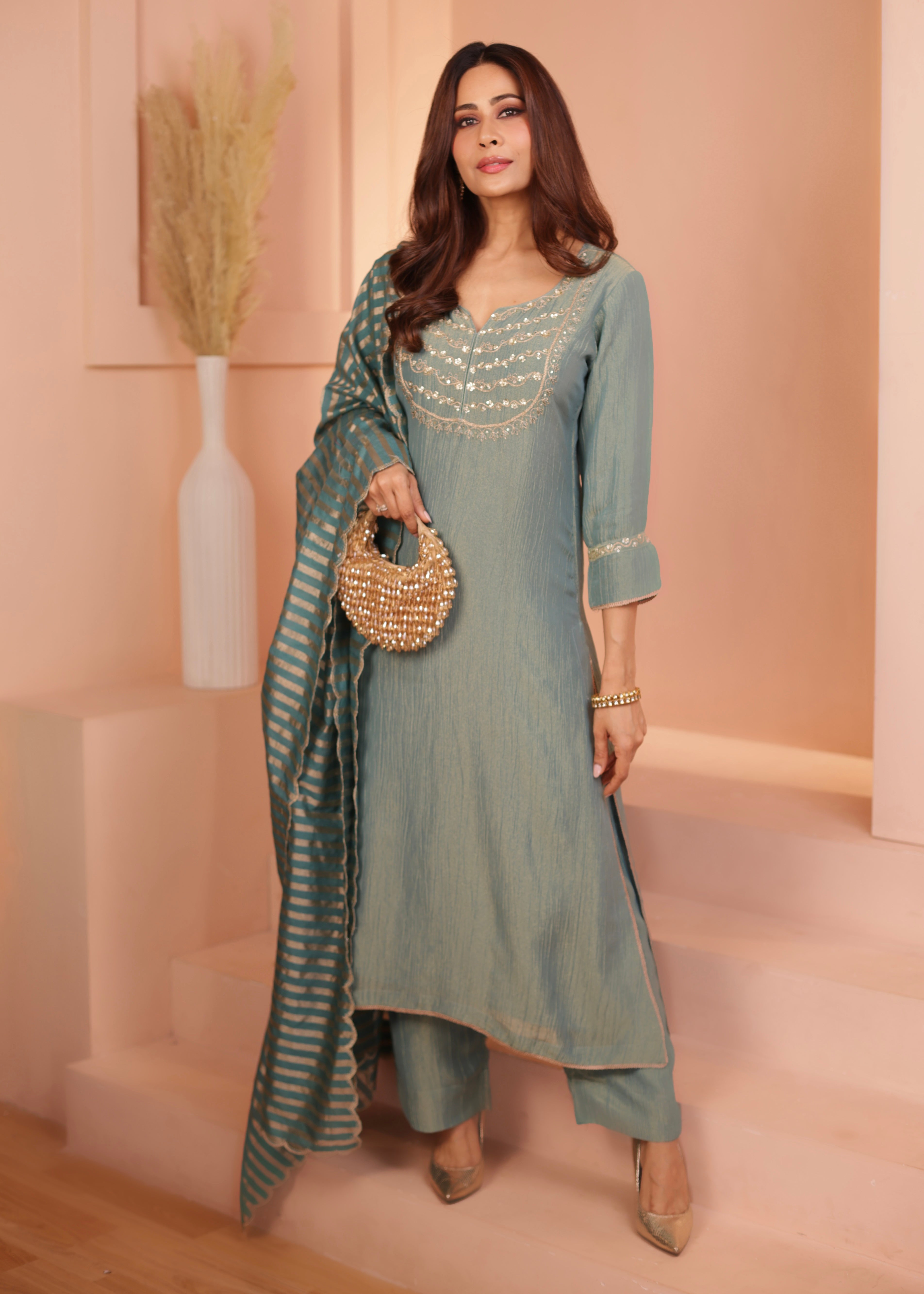 DUSTY TEAL  CRUSHED TISSUE KURTA SET