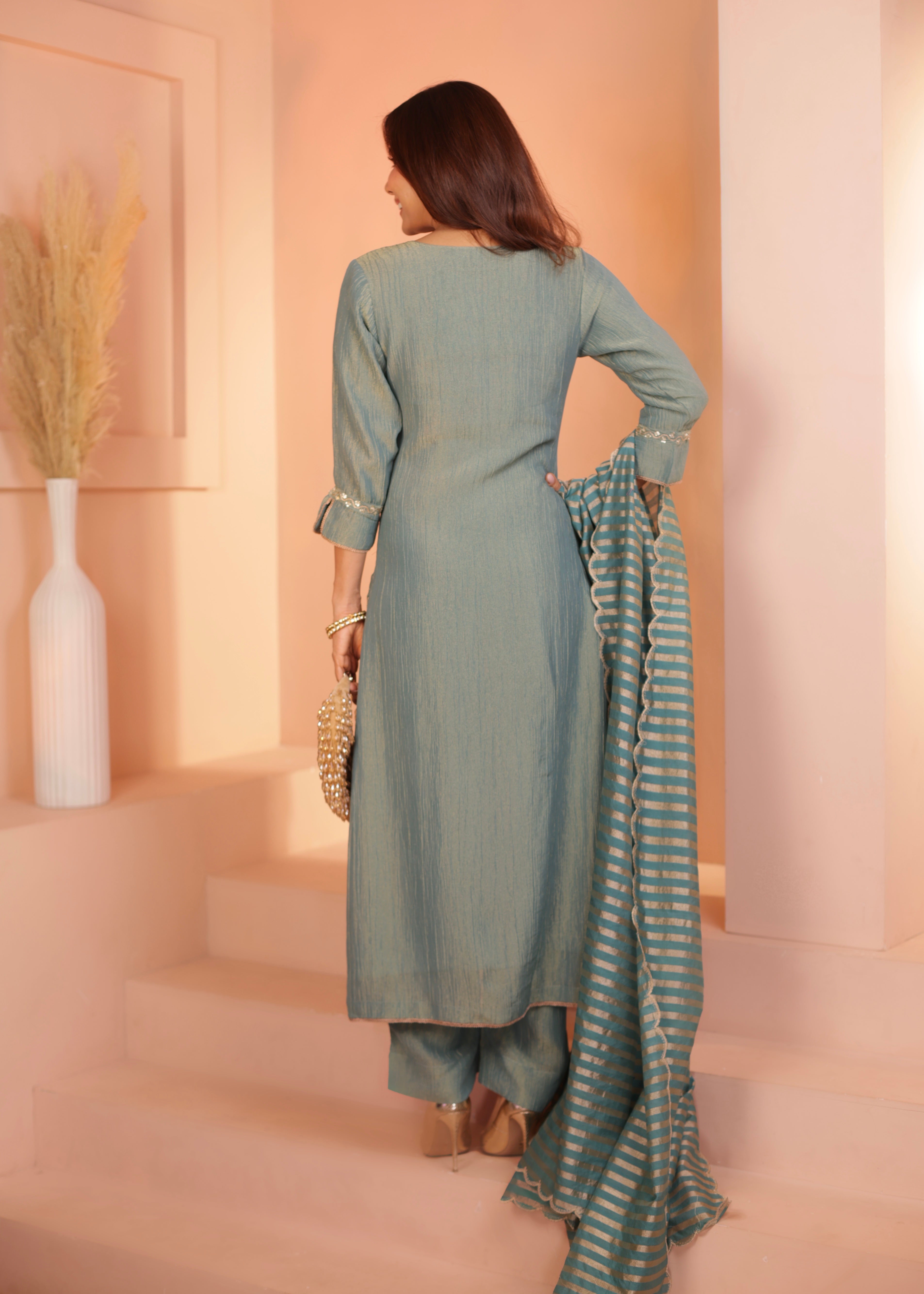DUSTY TEAL  CRUSHED TISSUE KURTA SET