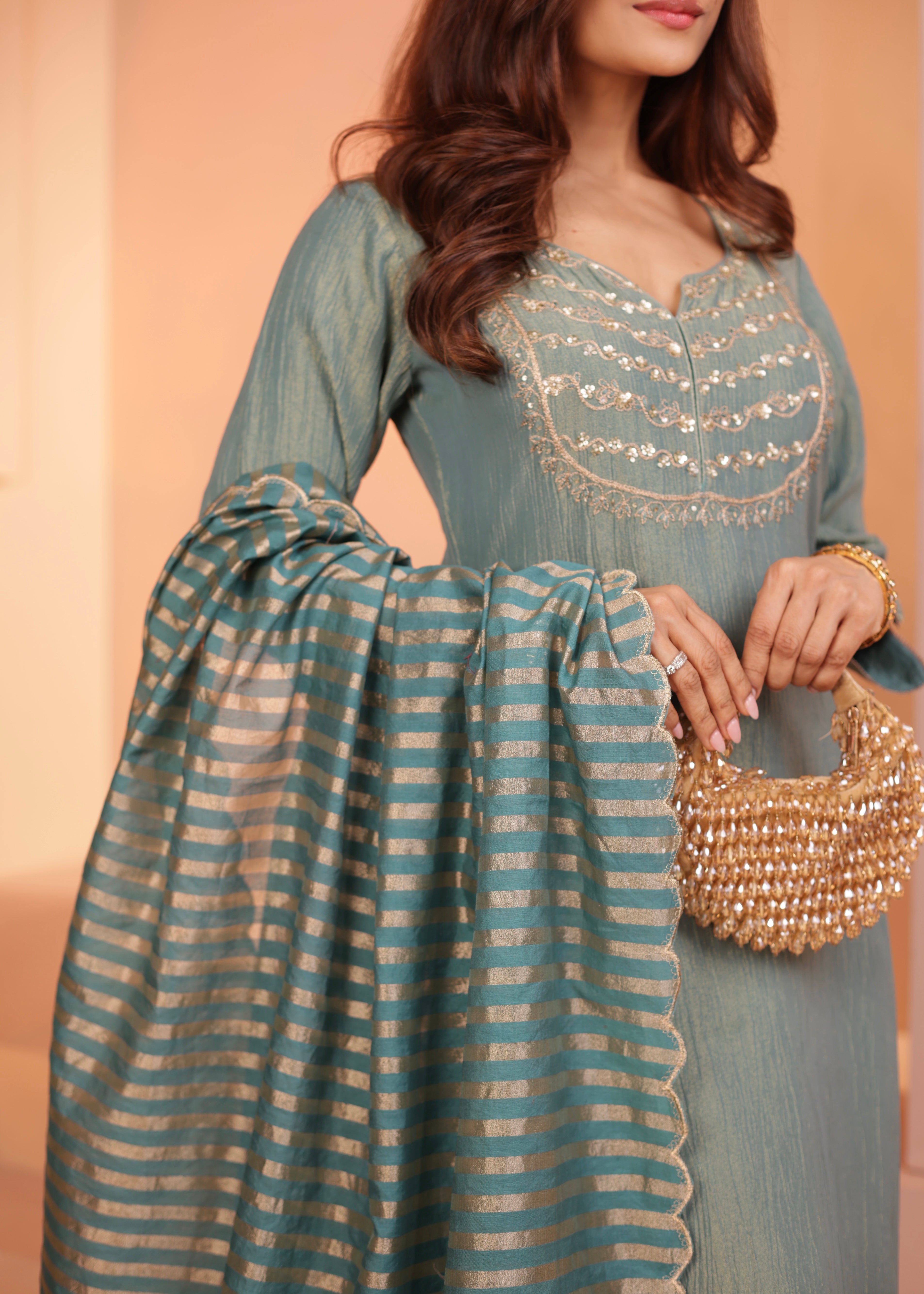 DUSTY TEAL  CRUSHED TISSUE KURTA SET