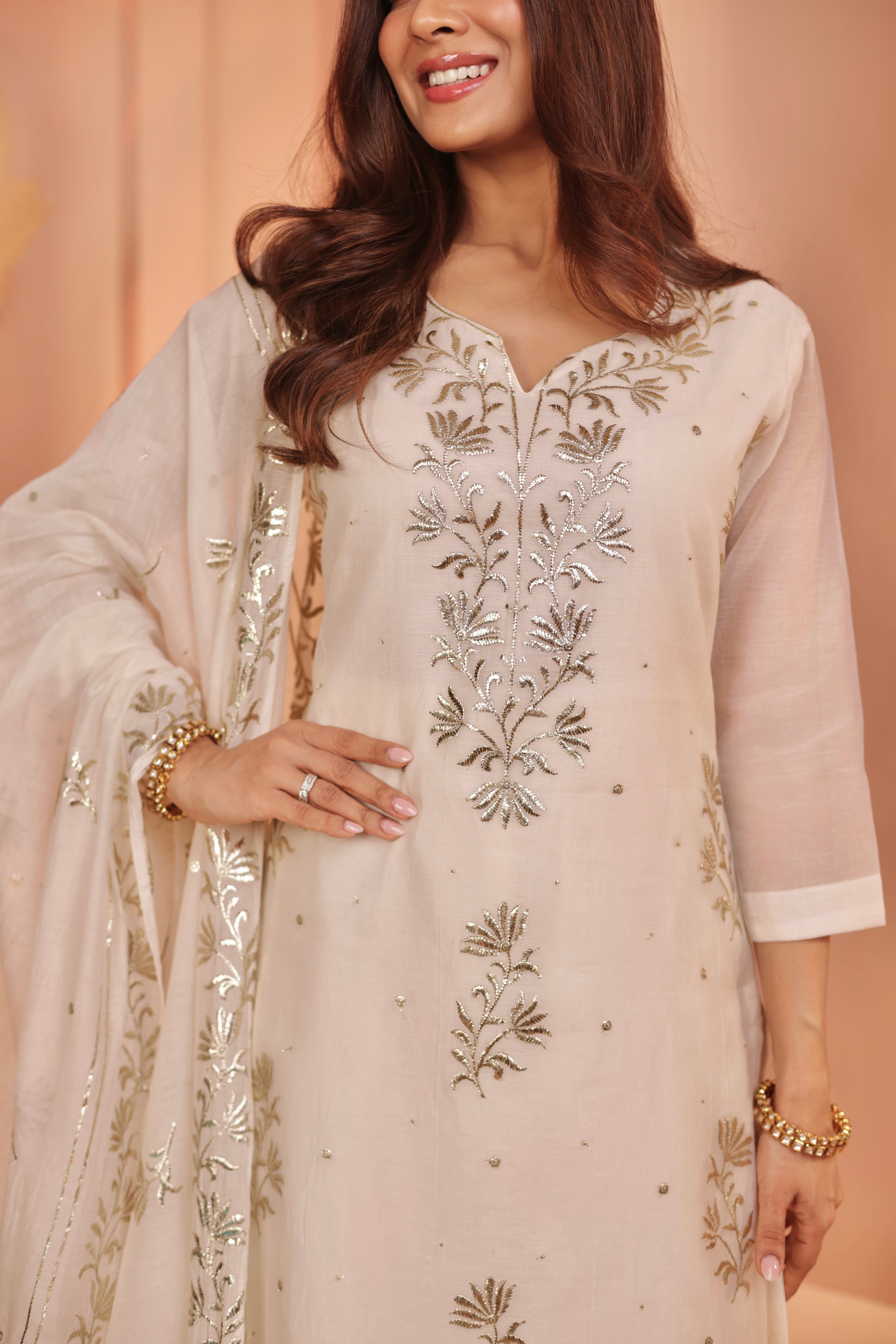 IVORY PURE MUL CHANDERI KURTA SET