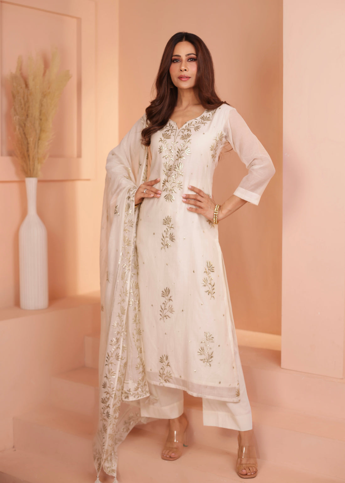 IVORY PURE MUL CHANDERI KURTA SET