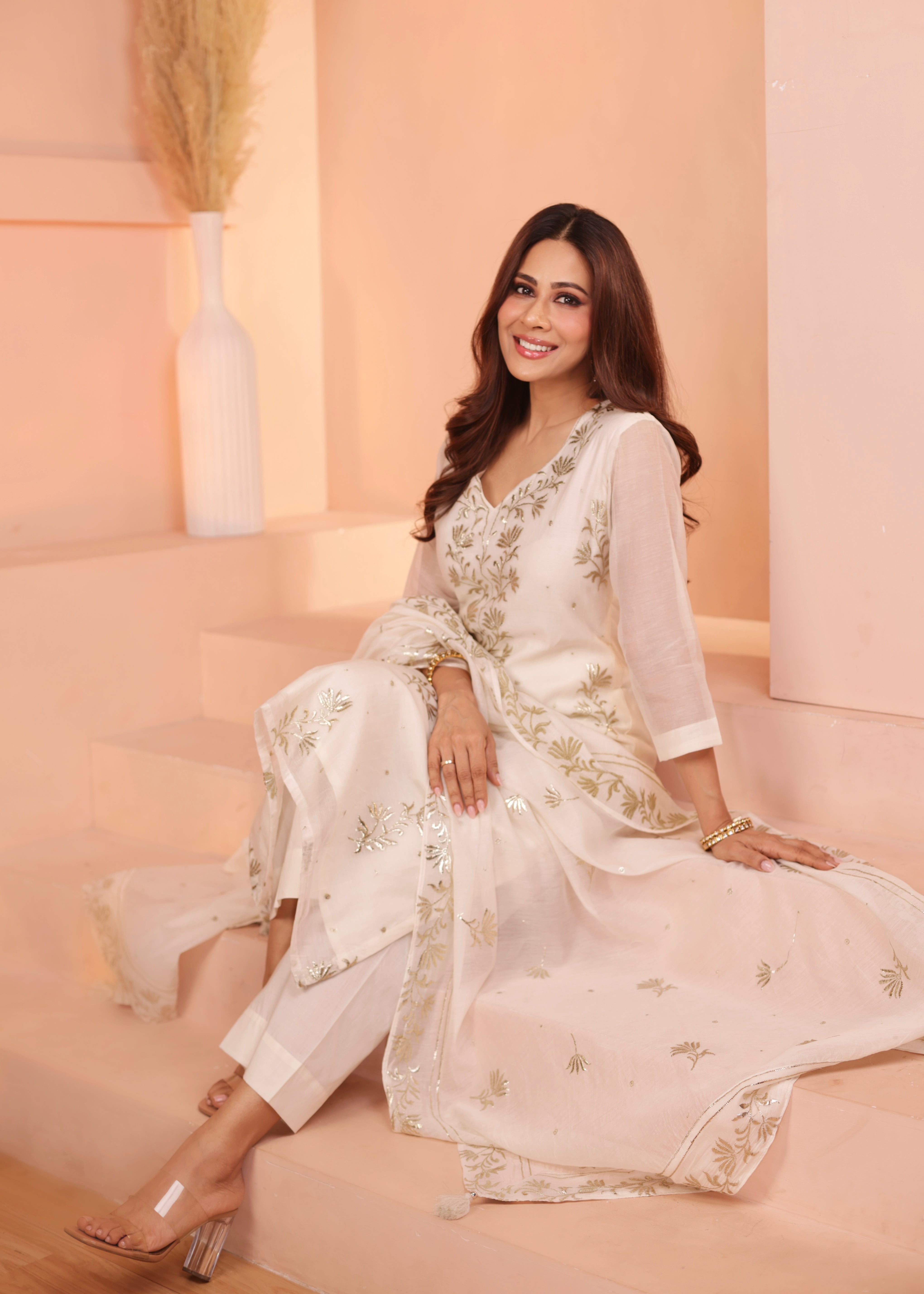IVORY PURE MUL CHANDERI KURTA SET
