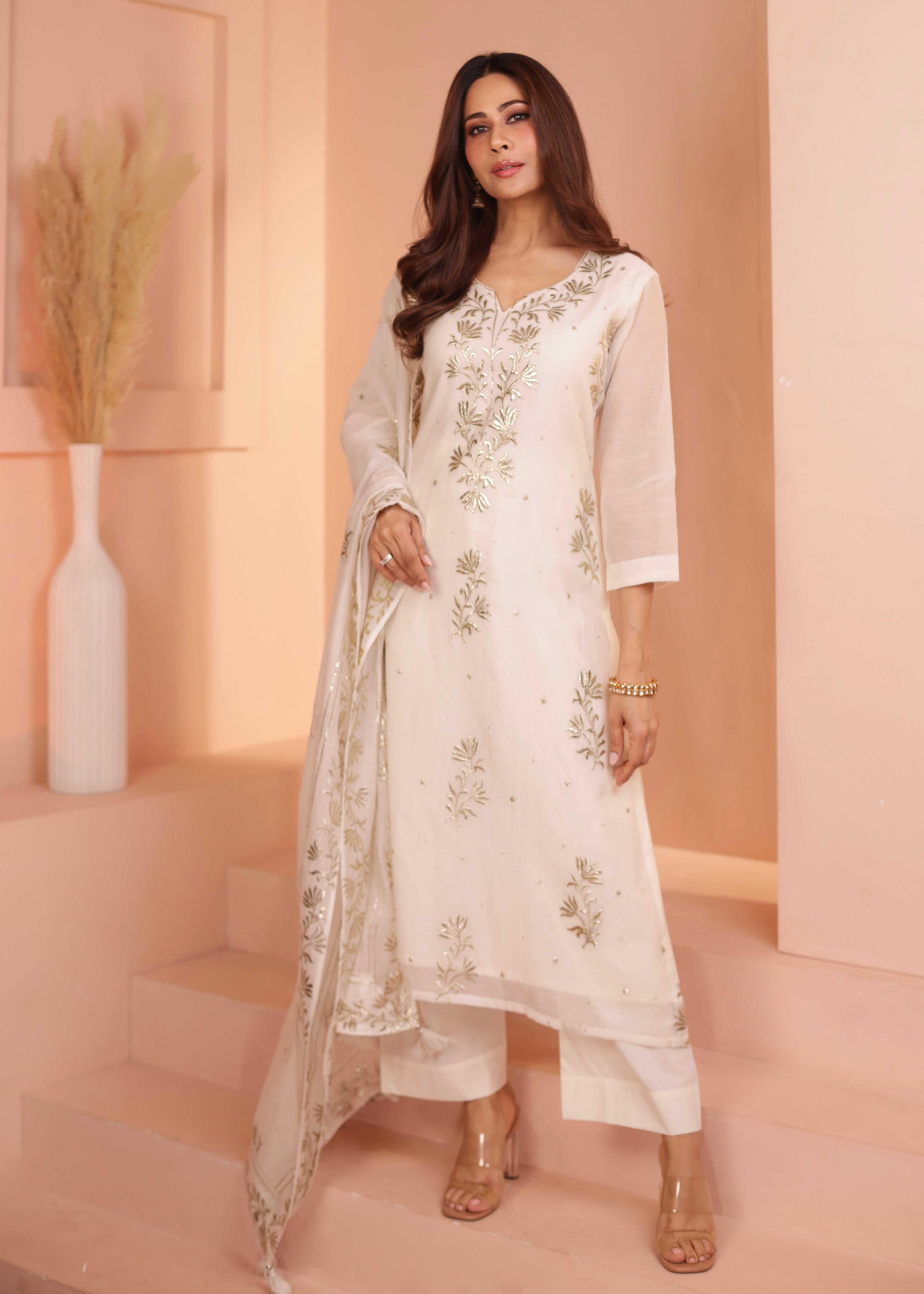 IVORY PURE MUL CHANDERI KURTA SET