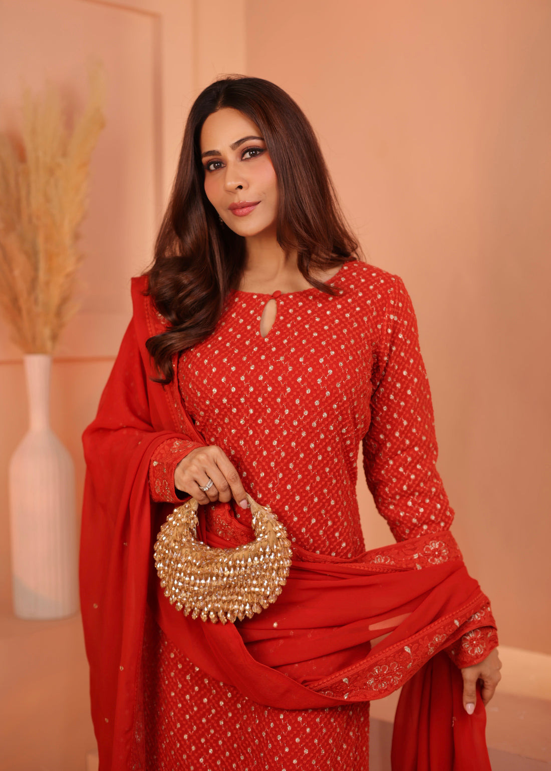 CORAL RED GEORGETTE CHIKANKARI KURTA SET