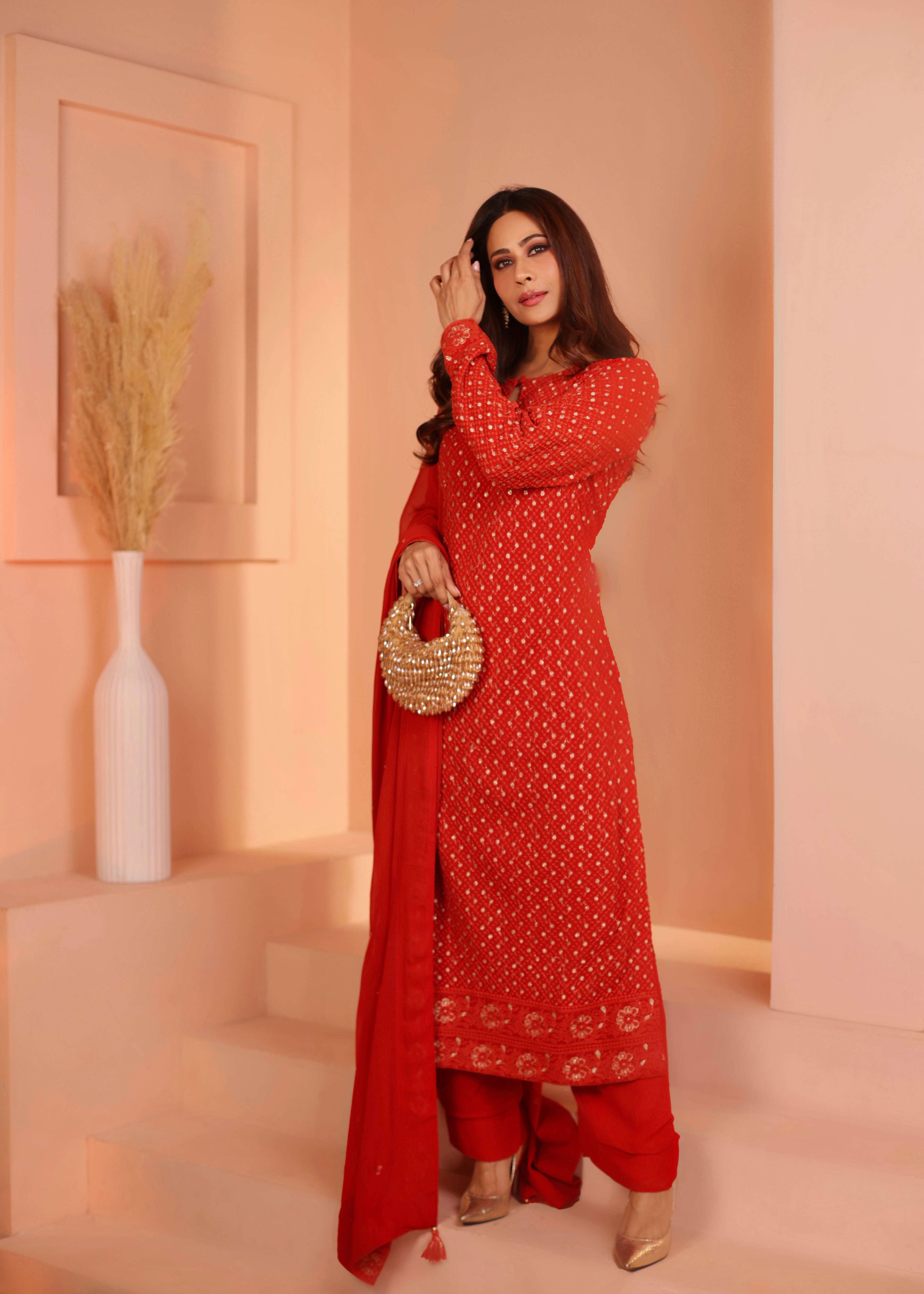 CORAL RED GEORGETTE CHIKANKARI KURTA SET