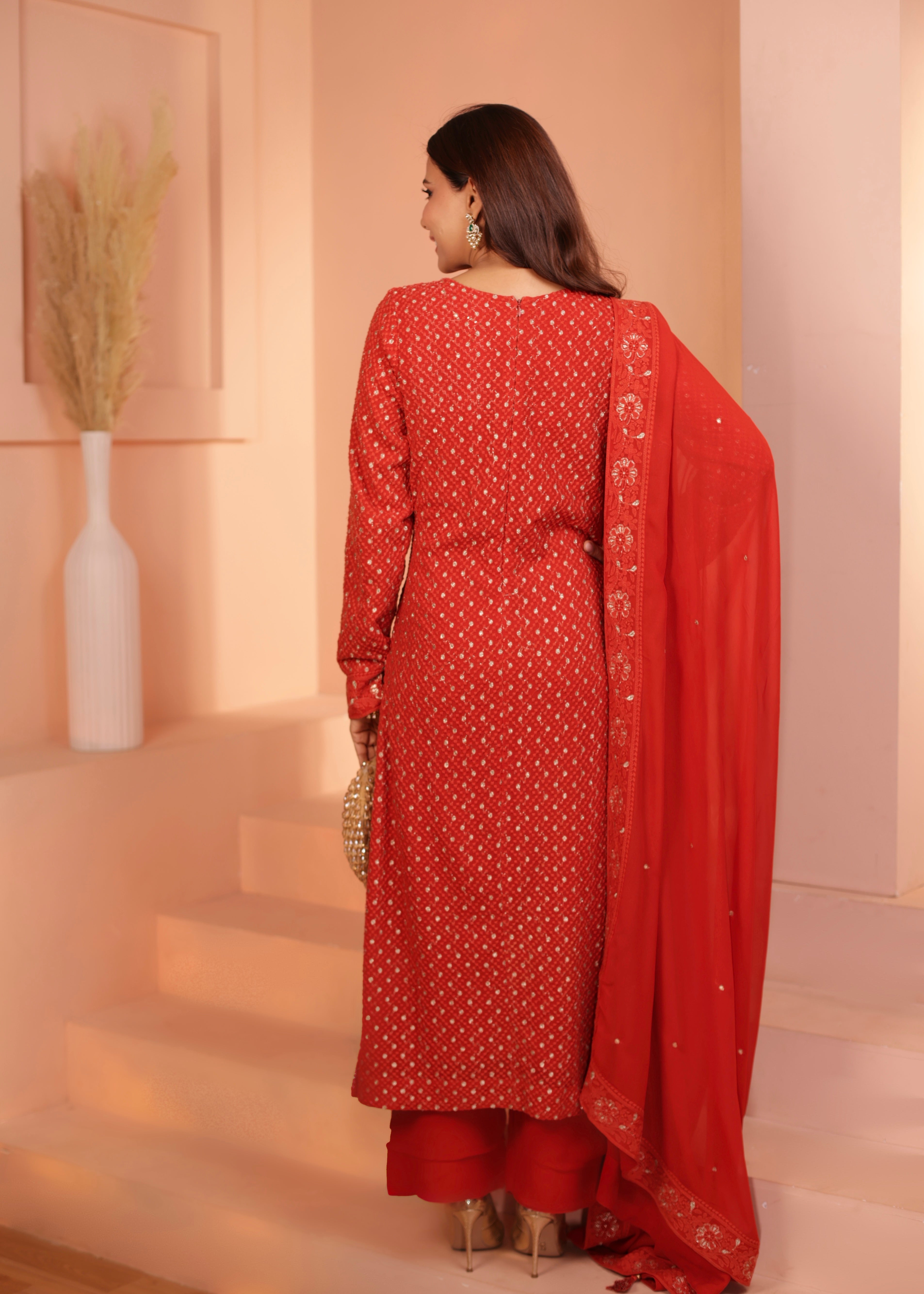 CORAL RED GEORGETTE CHIKANKARI KURTA SET