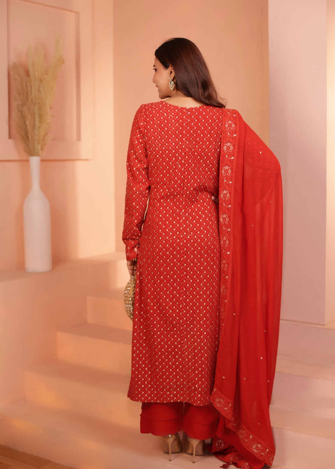 CORAL RED GEORGETTE CHIKANKARI KURTA SET
