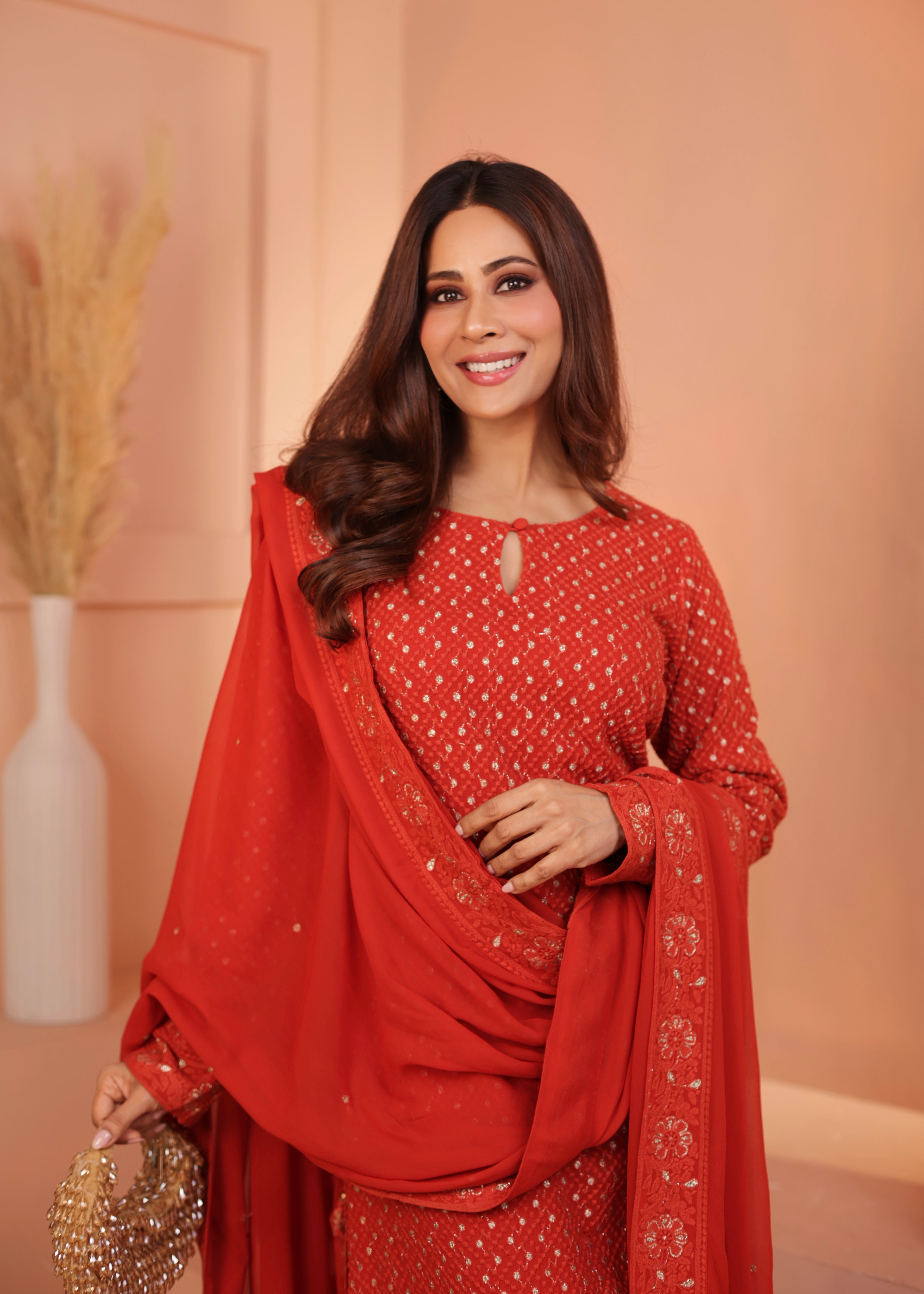 CORAL RED GEORGETTE CHIKANKARI KURTA SET