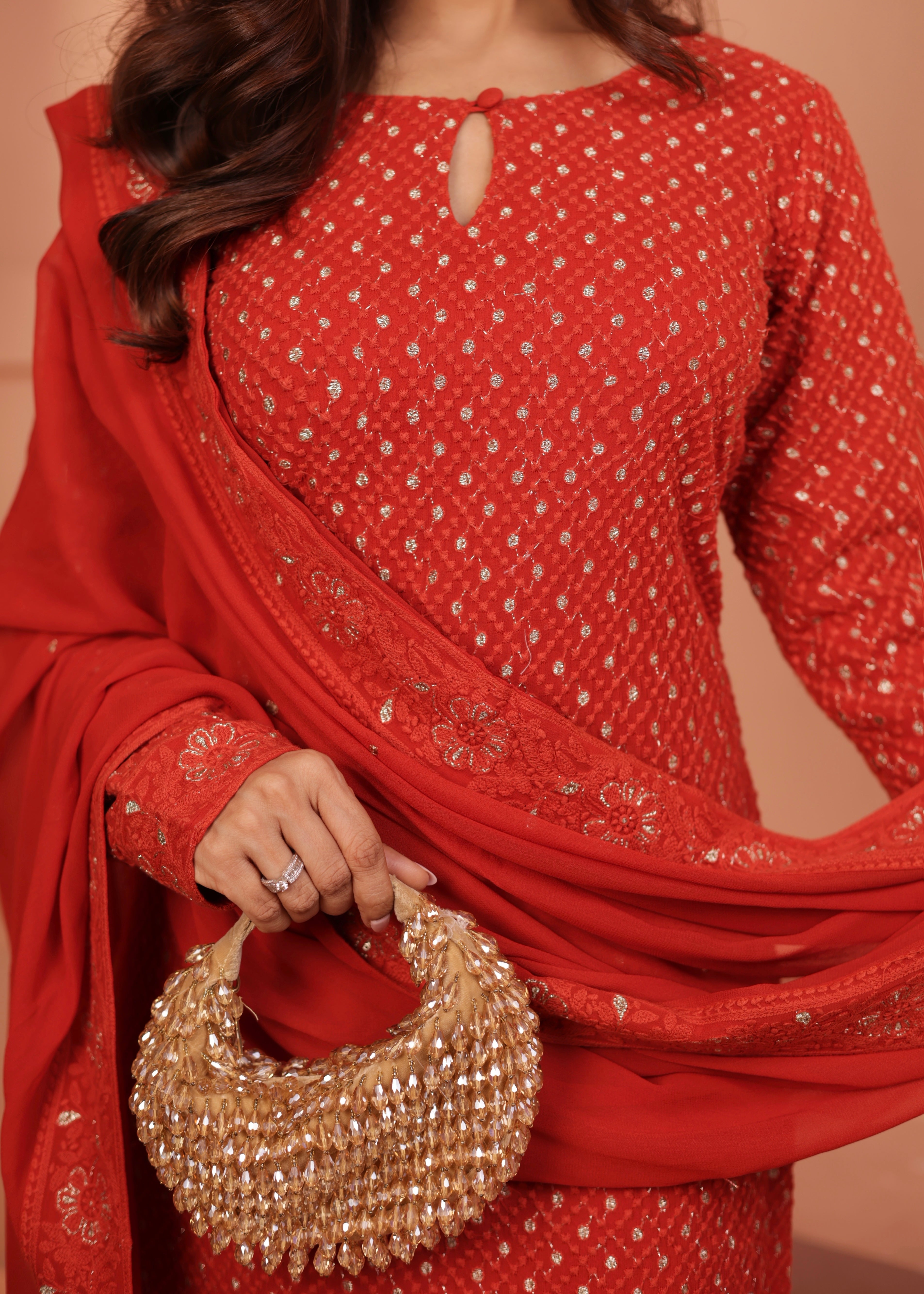 CORAL RED GEORGETTE CHIKANKARI KURTA SET