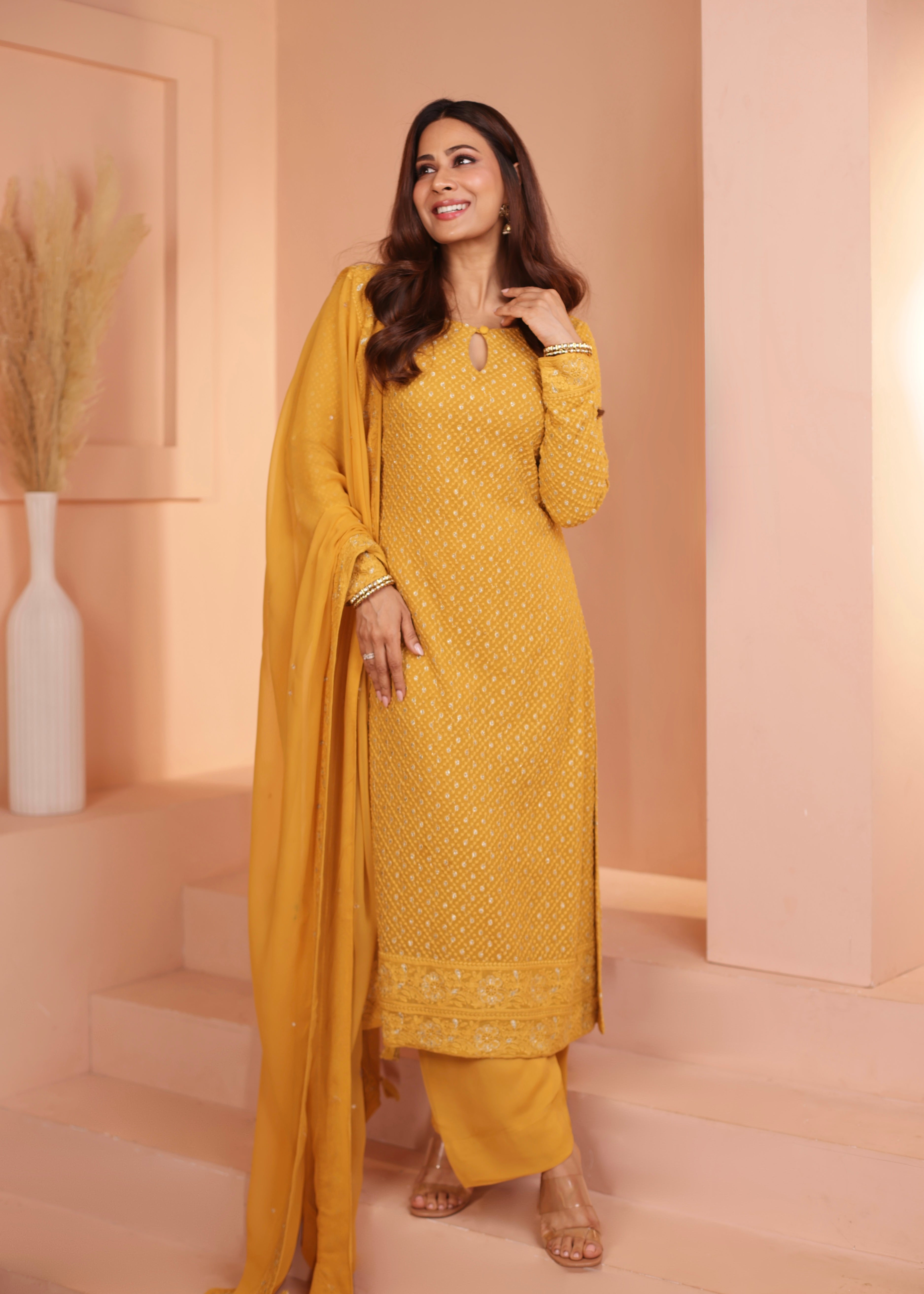 MUSTARD GEORGETTE CHIKANKARI KURTA SET