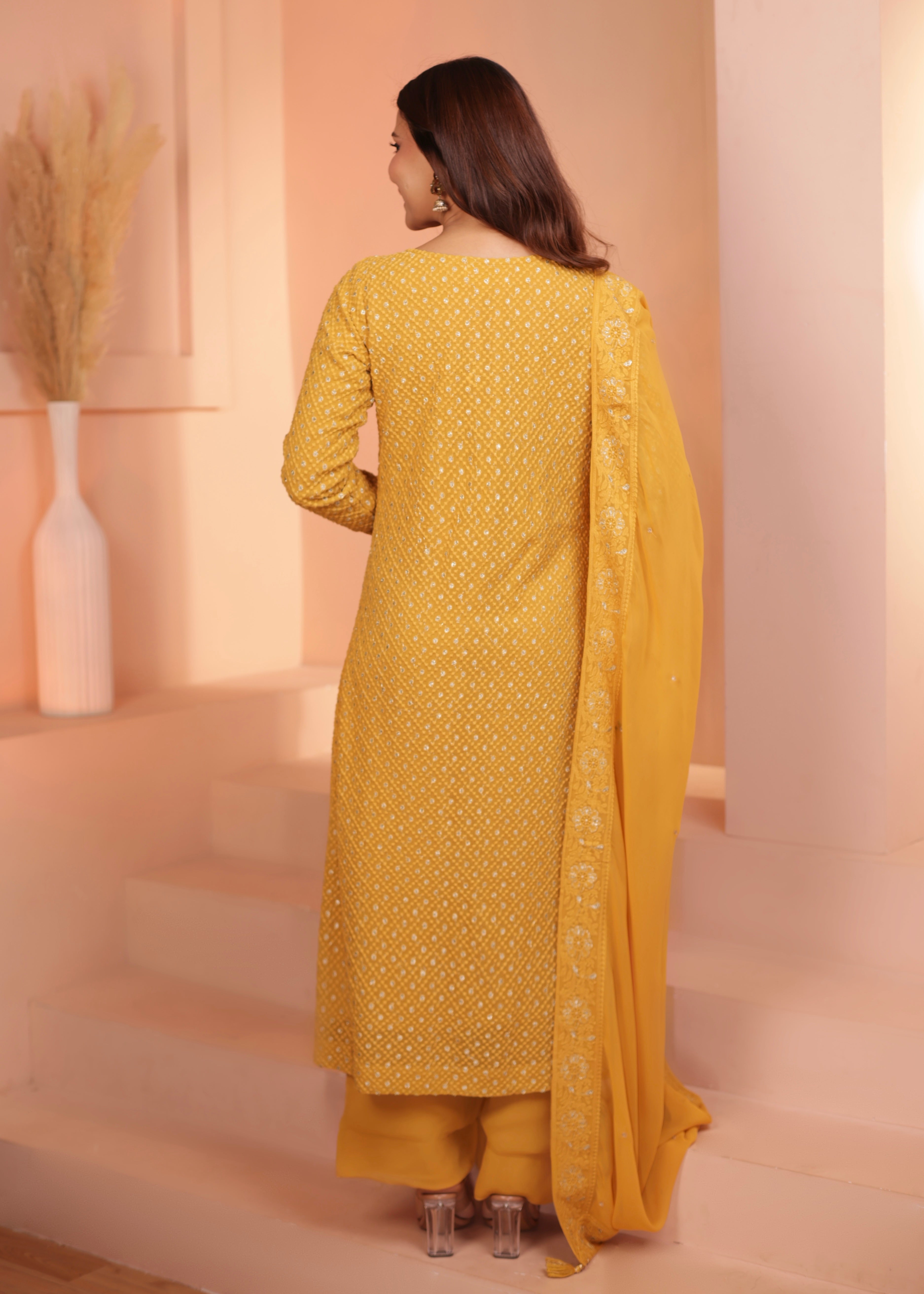 MUSTARD GEORGETTE CHIKANKARI KURTA SET