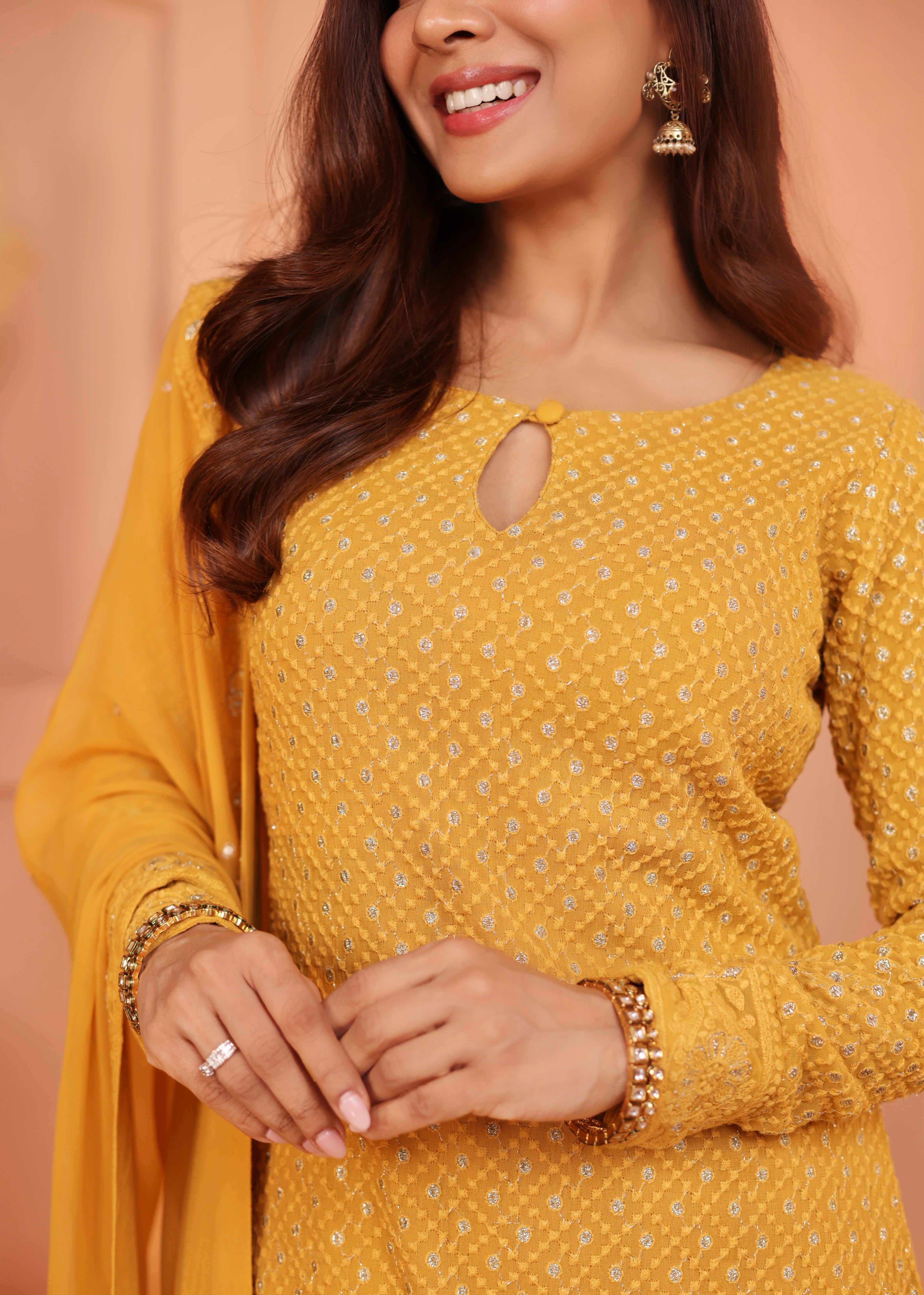 MUSTARD GEORGETTE CHIKANKARI KURTA SET