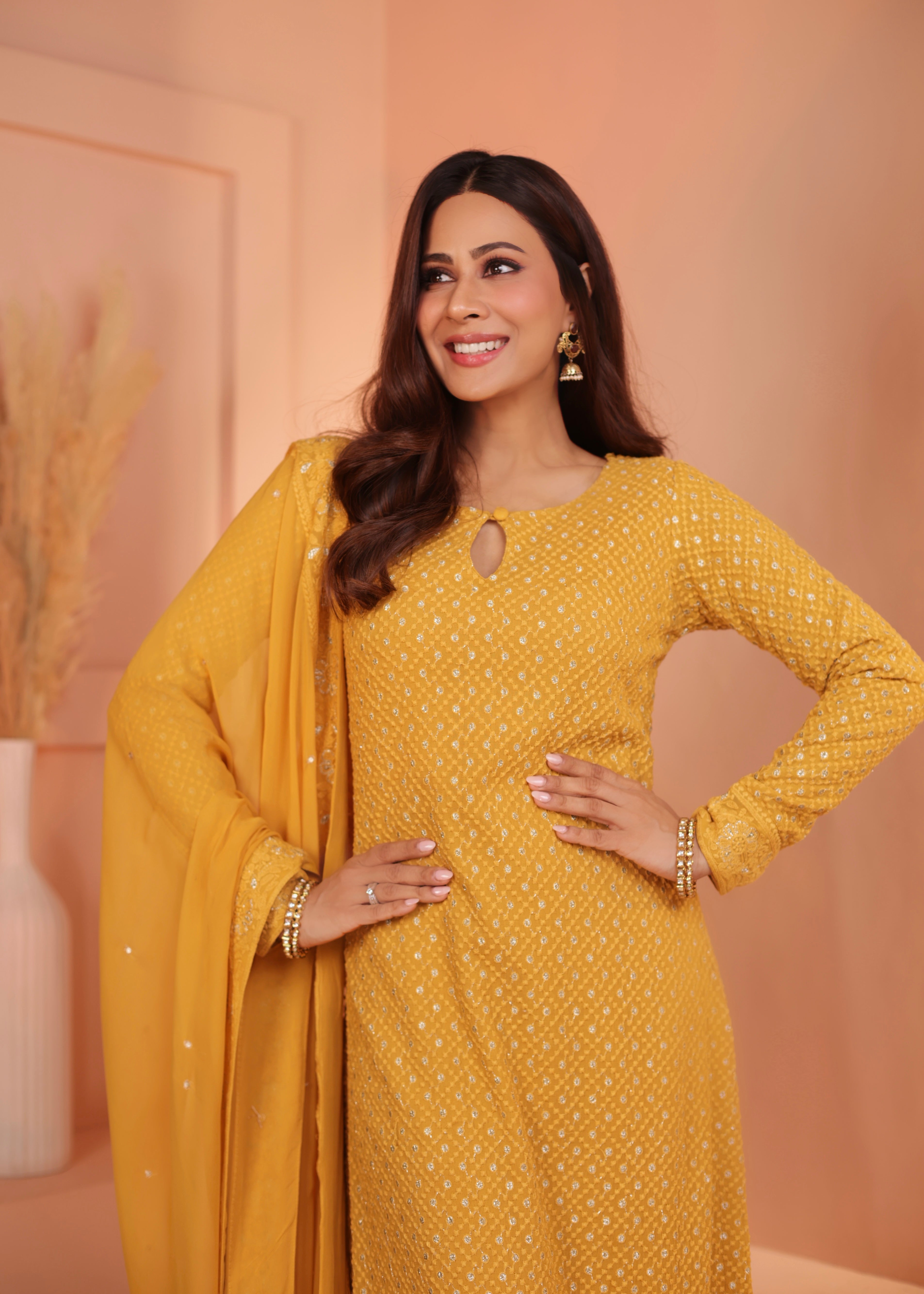 MUSTARD GEORGETTE CHIKANKARI KURTA SET